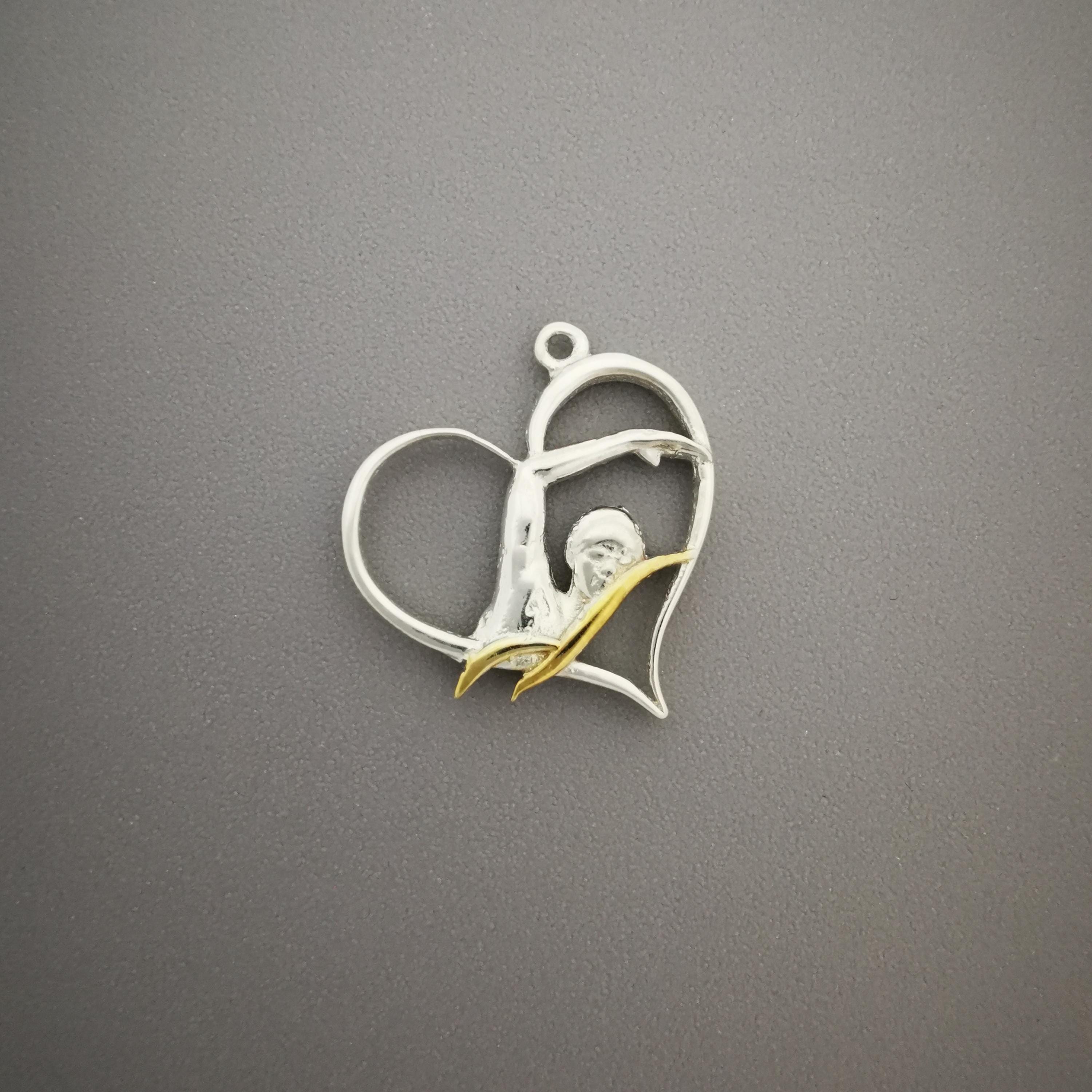 Swimmer Heart Jewelry Pendant for Women – Silver with Partial Gold Plating 925 Gift, Sporty Accessory for Swimmers and Teen Girls – Necklace