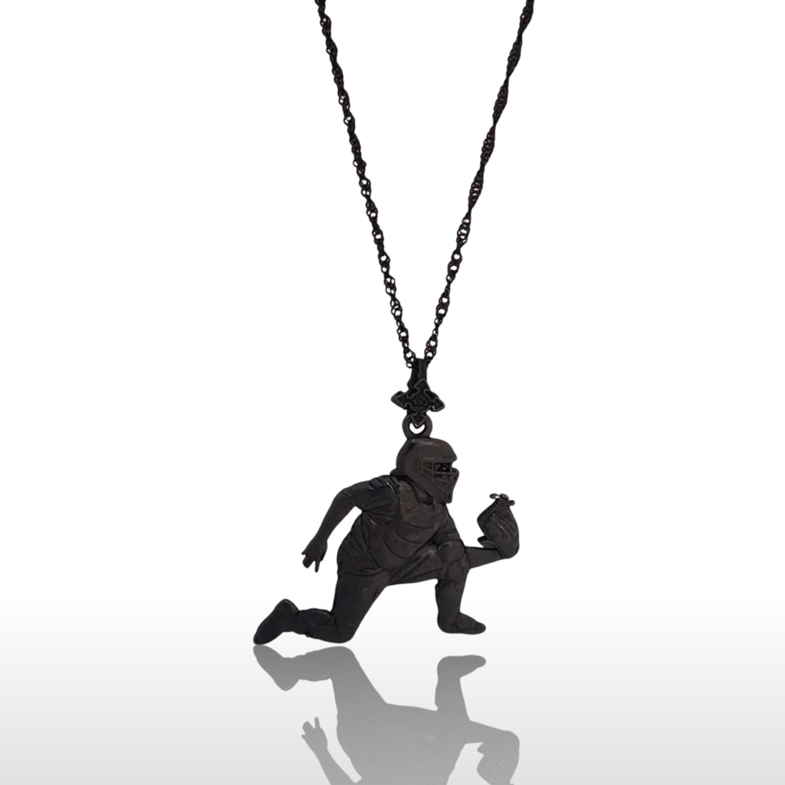 Baseball Jewelry Pendant for Men – Oxidized Black 925 Silver Gift – Bold Sports Accessory for Catchers and Game Day Players – Necklace