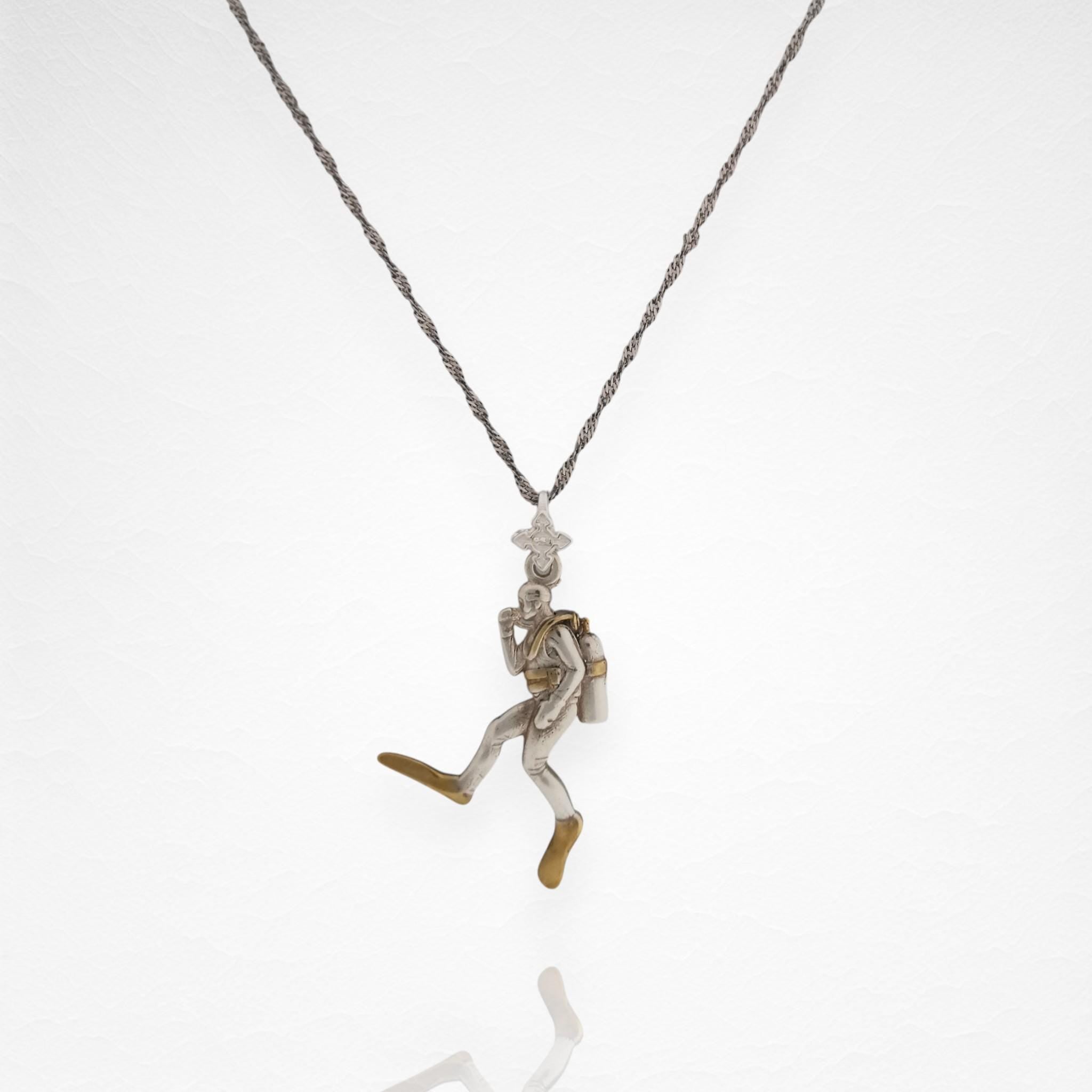 Scuba Diving Jewelry Pendant for Men & Women – 925 Silver with Partial Gold Plating Gift – Handcrafted Diver Charm for Ocean Lovers Necklace