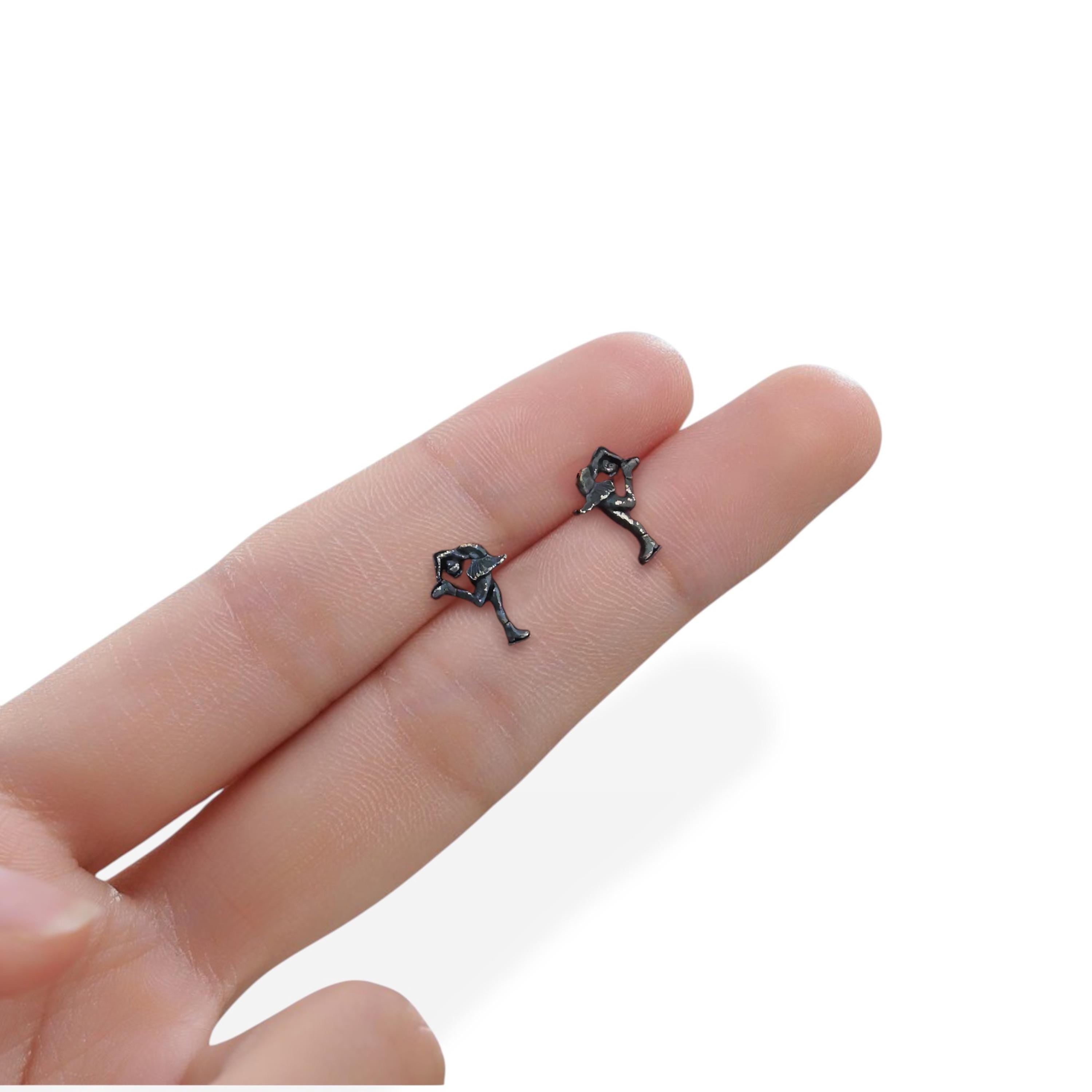 Figure Skating Stud Earrings. Minimalist Black Oxidized 925 Silver Jewelry for Women, Gift for Skater Coach or Athlete Small Sports Earrings