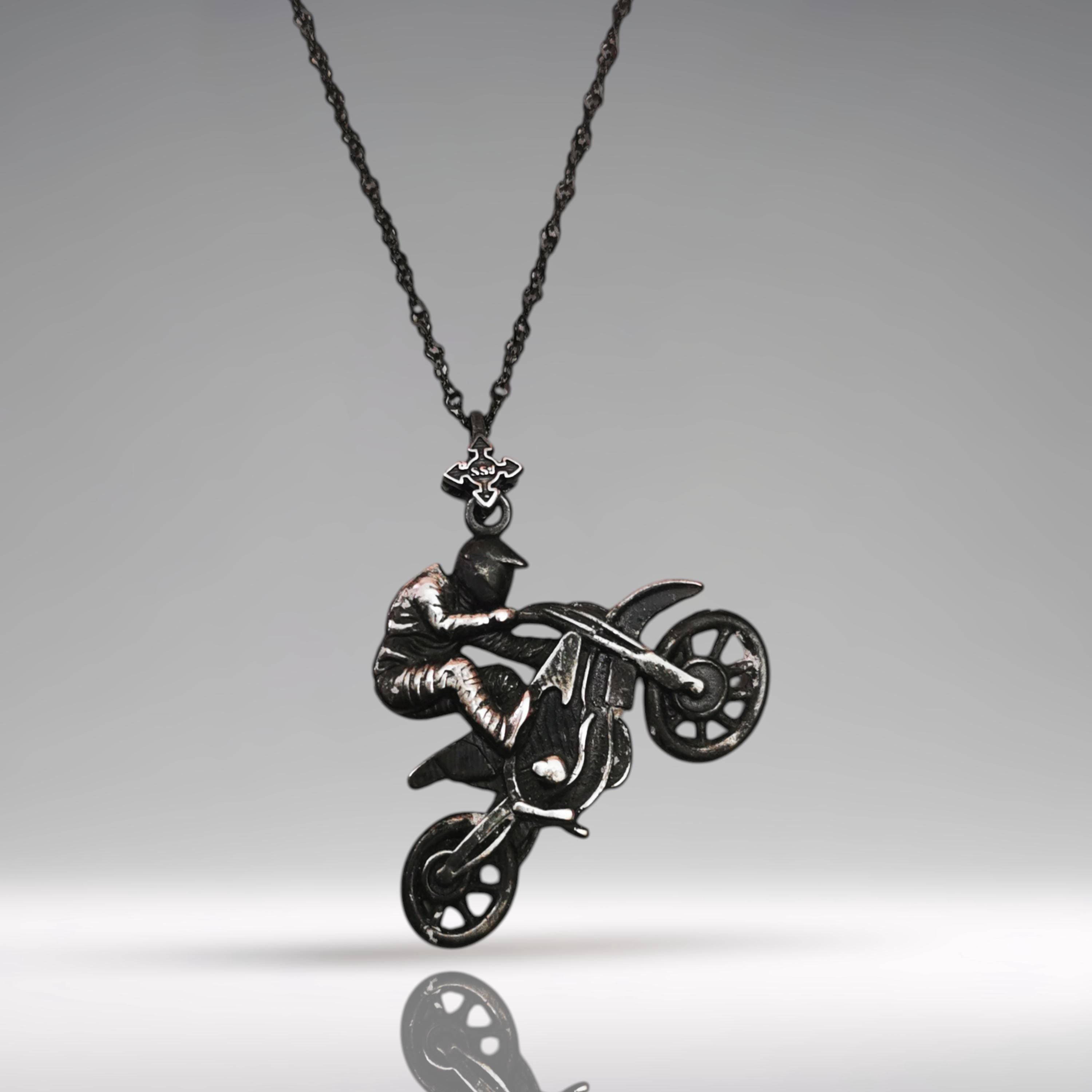 Motocross Jewelry Pendant for Men – Vintage Style 925 Silver Gift – Sports Accessory for Riders and Race Fans – Necklace