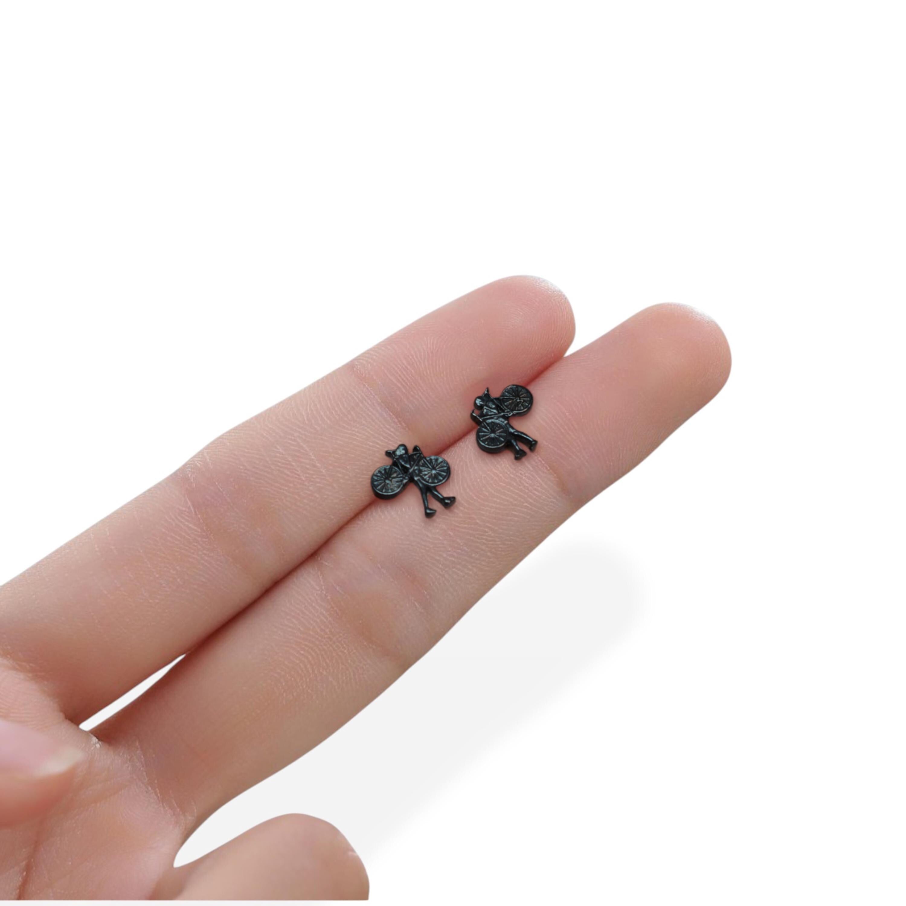 Minimalist Cycling Stud Earrings – Black Oxidized 925 Silver Jewelry for Women, Gift for Cyclist, Coach or Athlete, Small Bike Earrings