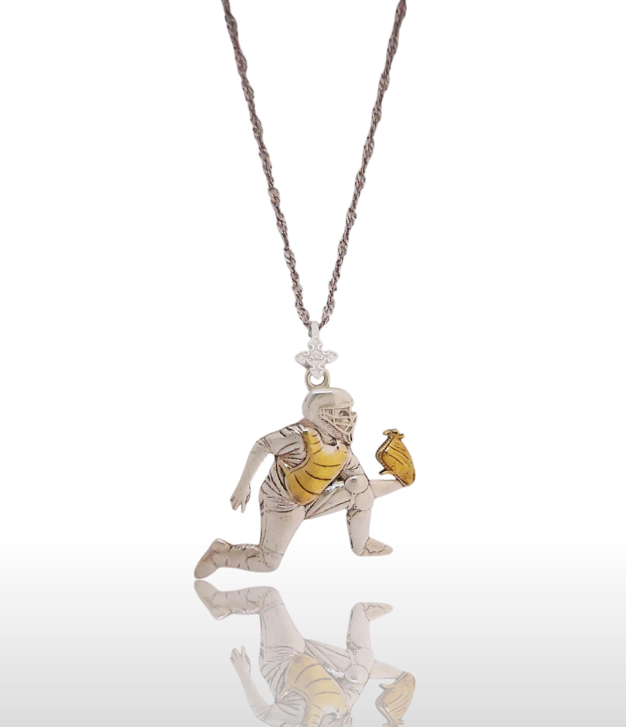 Baseball Jewelry Pendant for Men – Silver with Partial Gold Plating 925 Gift – Sports Accessory for Catchers and Baseball Lovers – Necklace
