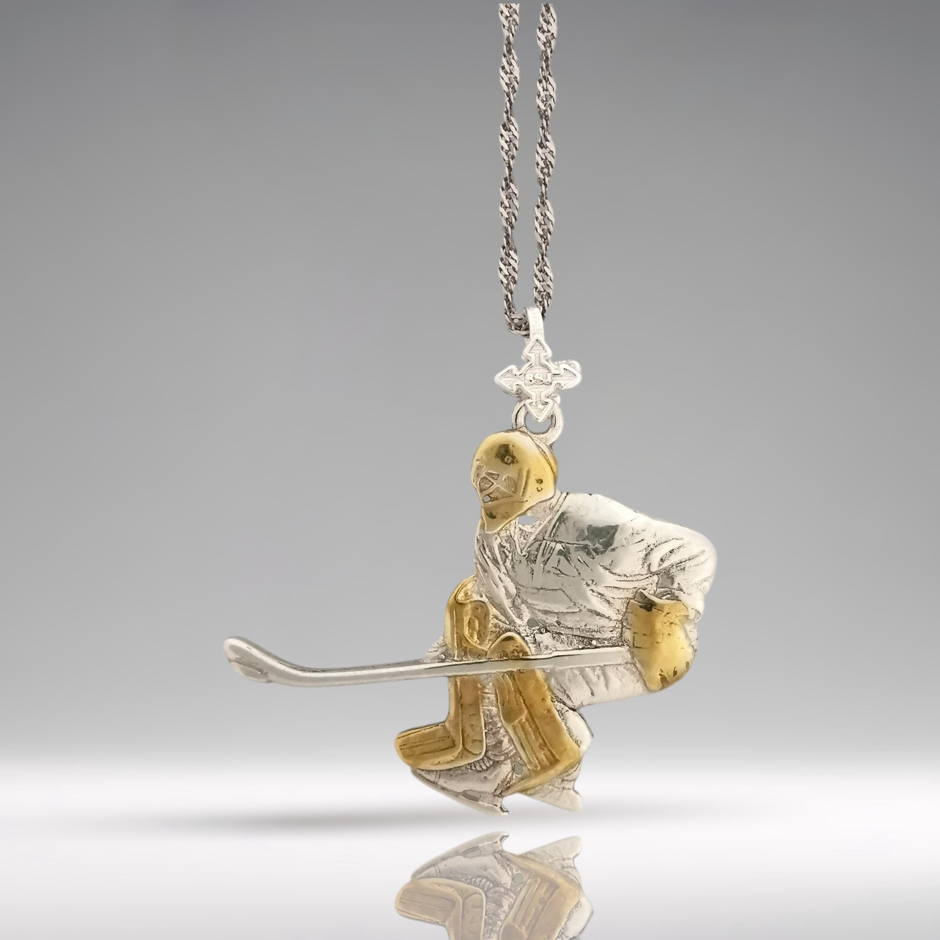 Ice Hockey Jewelry Pendant for Men – 925 Silver with Partial Gold Plating – Goalie Sports Gift for Players, Fans & Coaches – Necklace