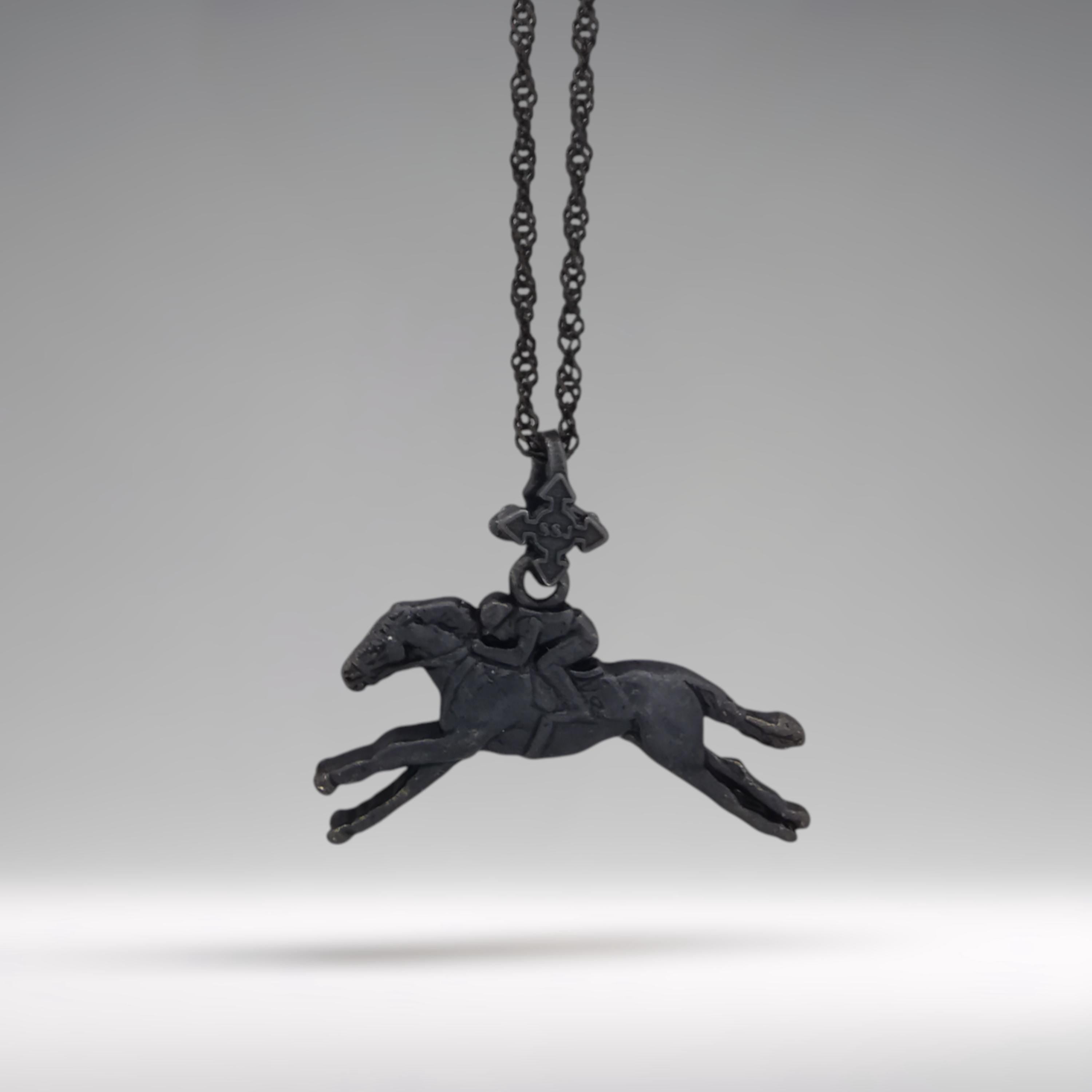 Horse Racing Jewelry Pendant for Men – Oxidized Black 925 Silver Gift – Bold Equestrian Sports Accessory for Riders – Necklace