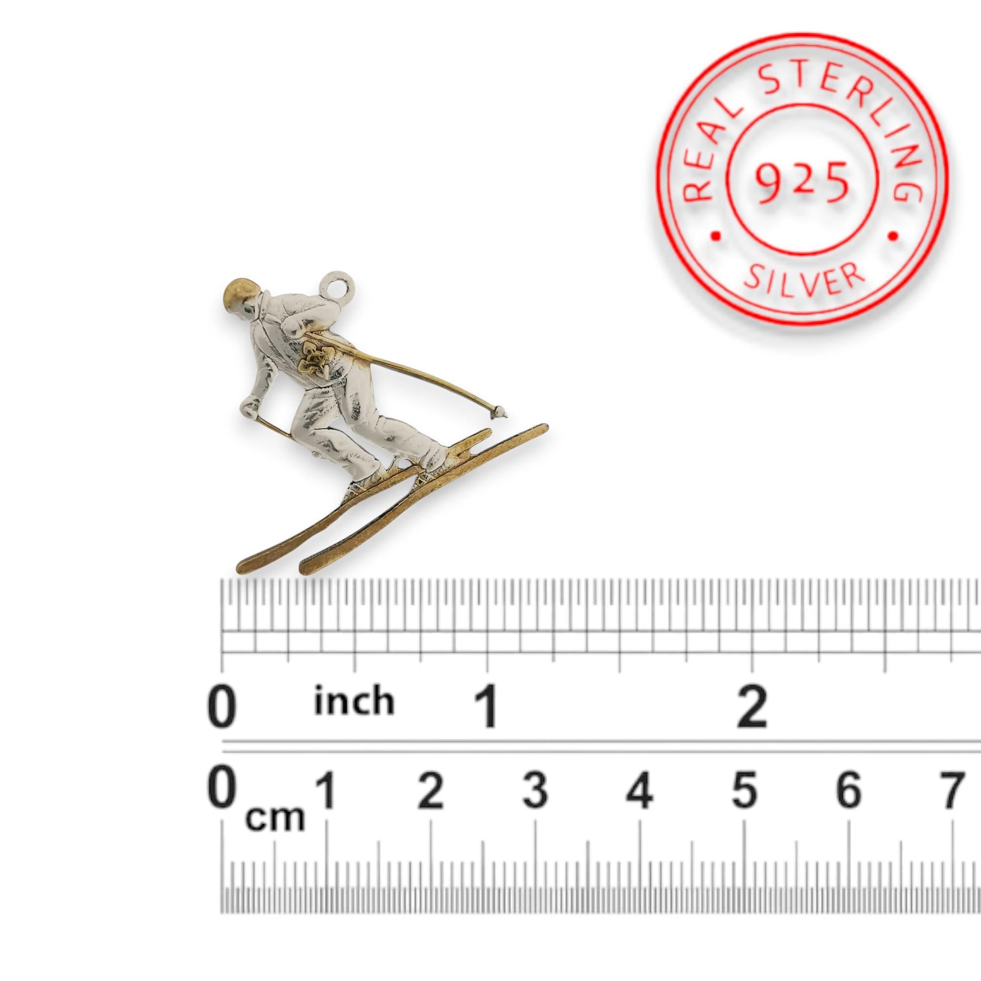 Skiing Jewelry Pendant for Women & Men – 925 Silver with Partial Gold Plating – Handcrafted Sports Charm for Slalom and Freestyle – Necklace