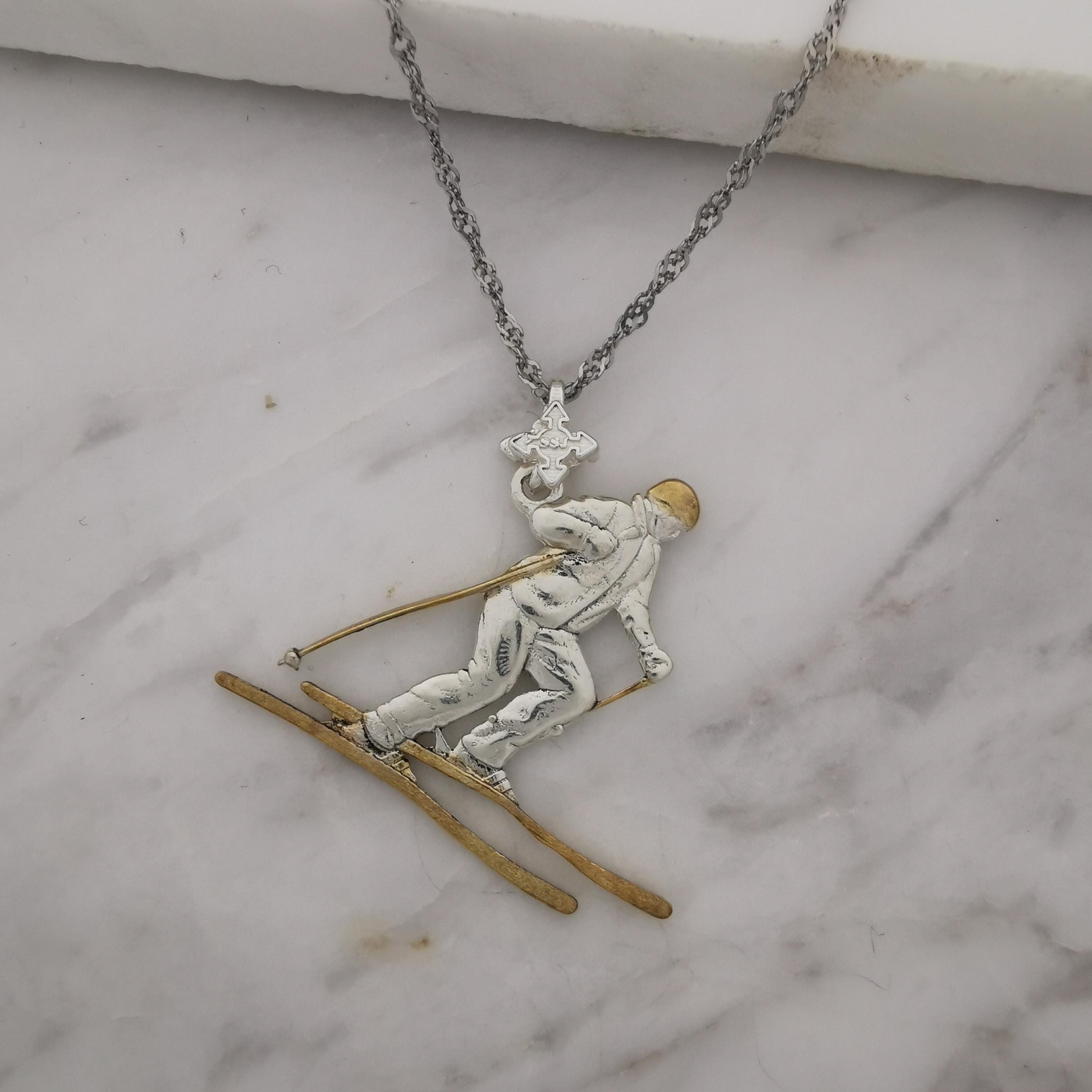 Skiing Jewelry Pendant for Women & Men – 925 Silver with Partial Gold Plating – Handcrafted Sports Charm for Slalom and Freestyle – Necklace