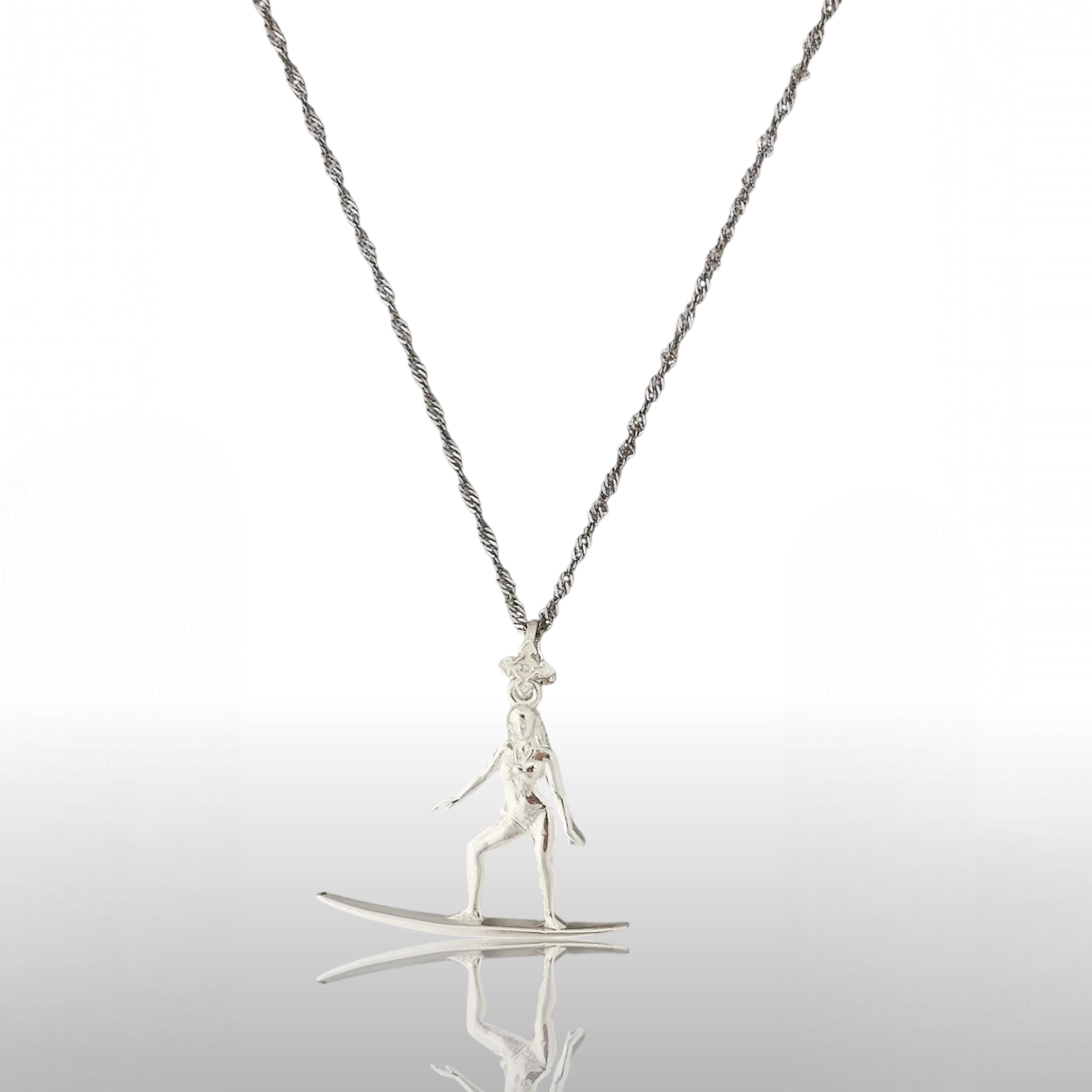 Surfing Woman Necklace – Classic 925 Silver Pendant – Beach-Inspired Jewelry Gift for Surfer Girls and Ocean Spirits