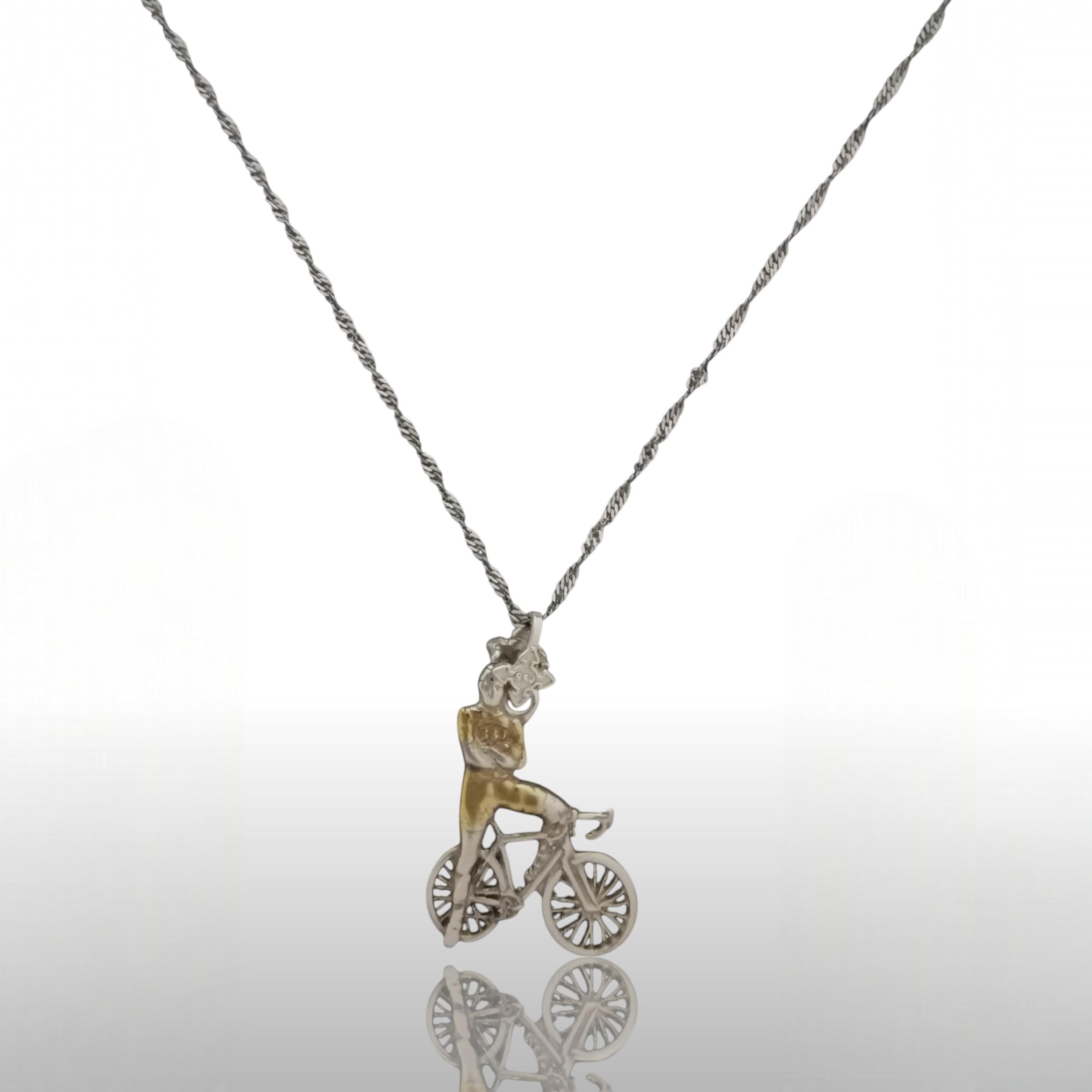 Cycling Jewelry Pendant for Men – Silver with Gold Detail 925 Gift – Sports Accessory for Road Cyclists and Urban Riders – Necklace