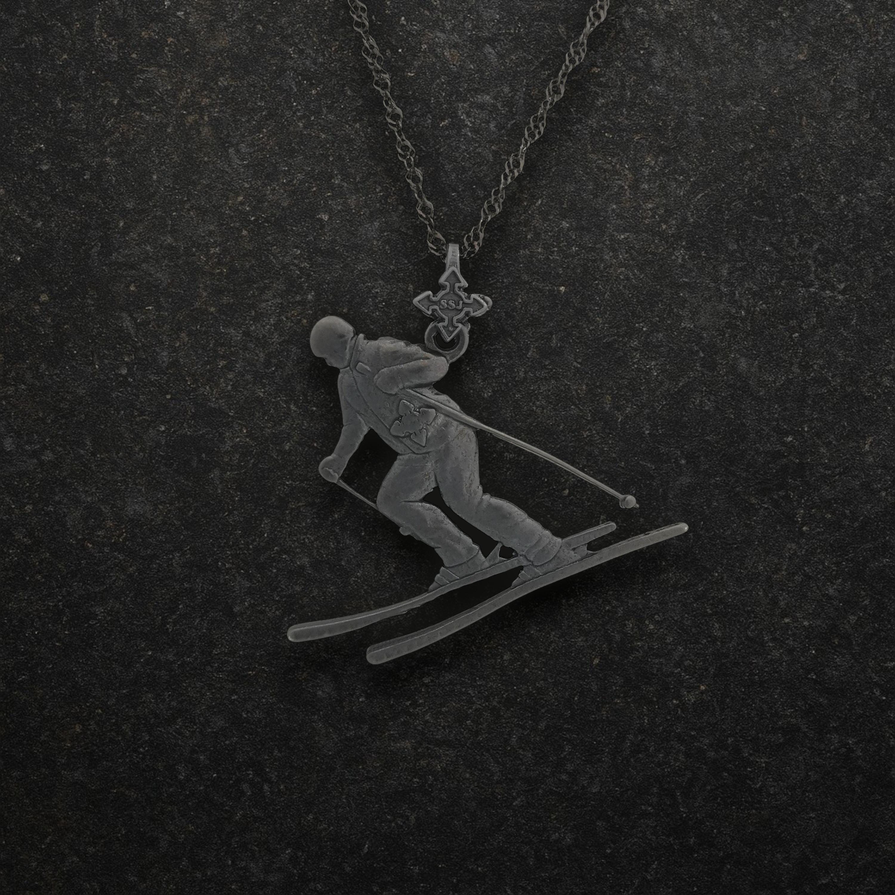 Skiing Jewelry Pendant for Women & Men – Oxidized Black 925 Silver Sports Charm – Handcrafted Freestyle and Slalom Accessory – Necklace