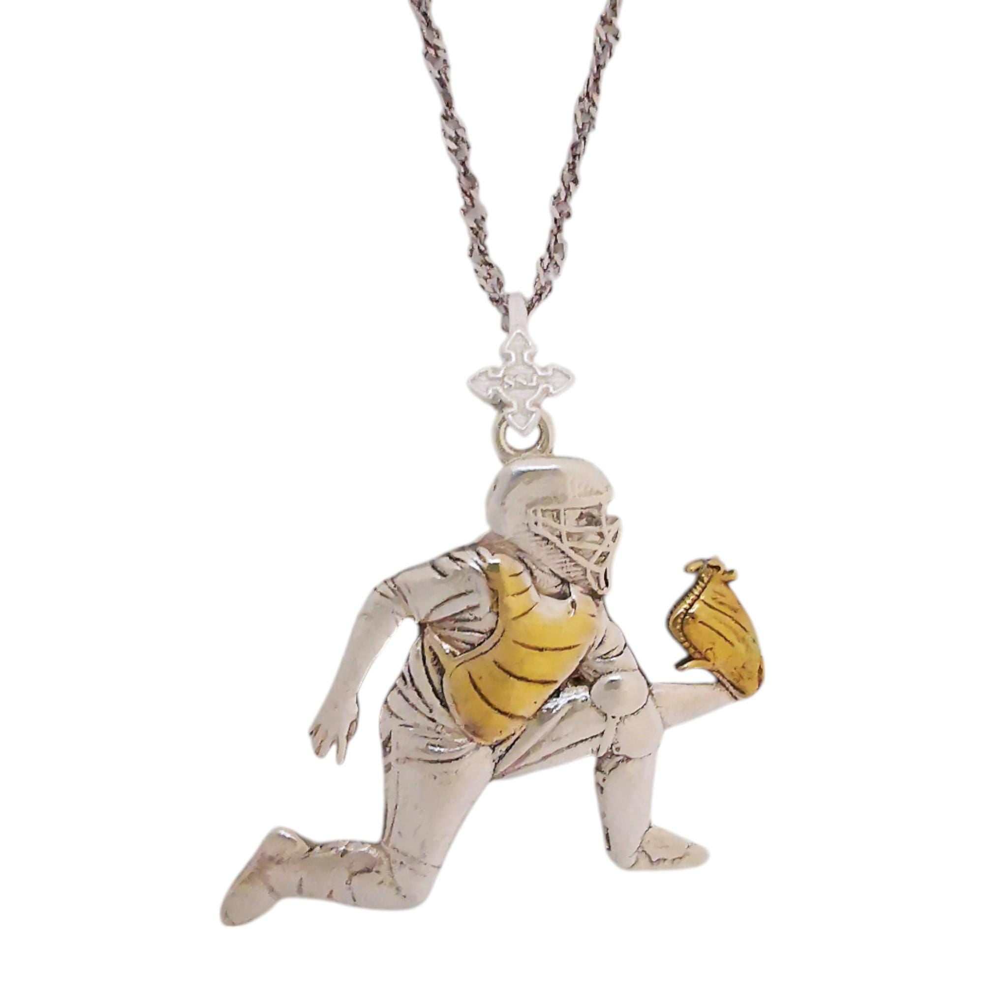 Baseball Jewelry Pendant for Men – Silver with Partial Gold Plating 925 Gift – Sports Accessory for Catchers and Baseball Lovers – Necklace