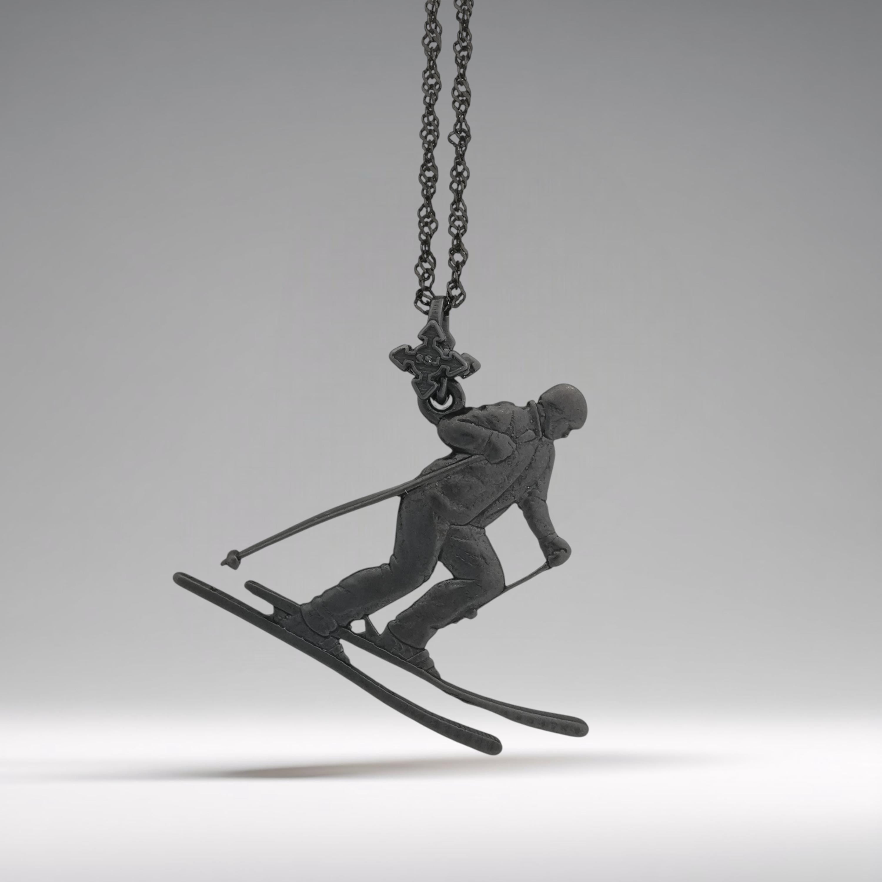 Skiing Jewelry Pendant for Women & Men – Oxidized Black 925 Silver Sports Charm – Handcrafted Freestyle and Slalom Accessory – Necklace