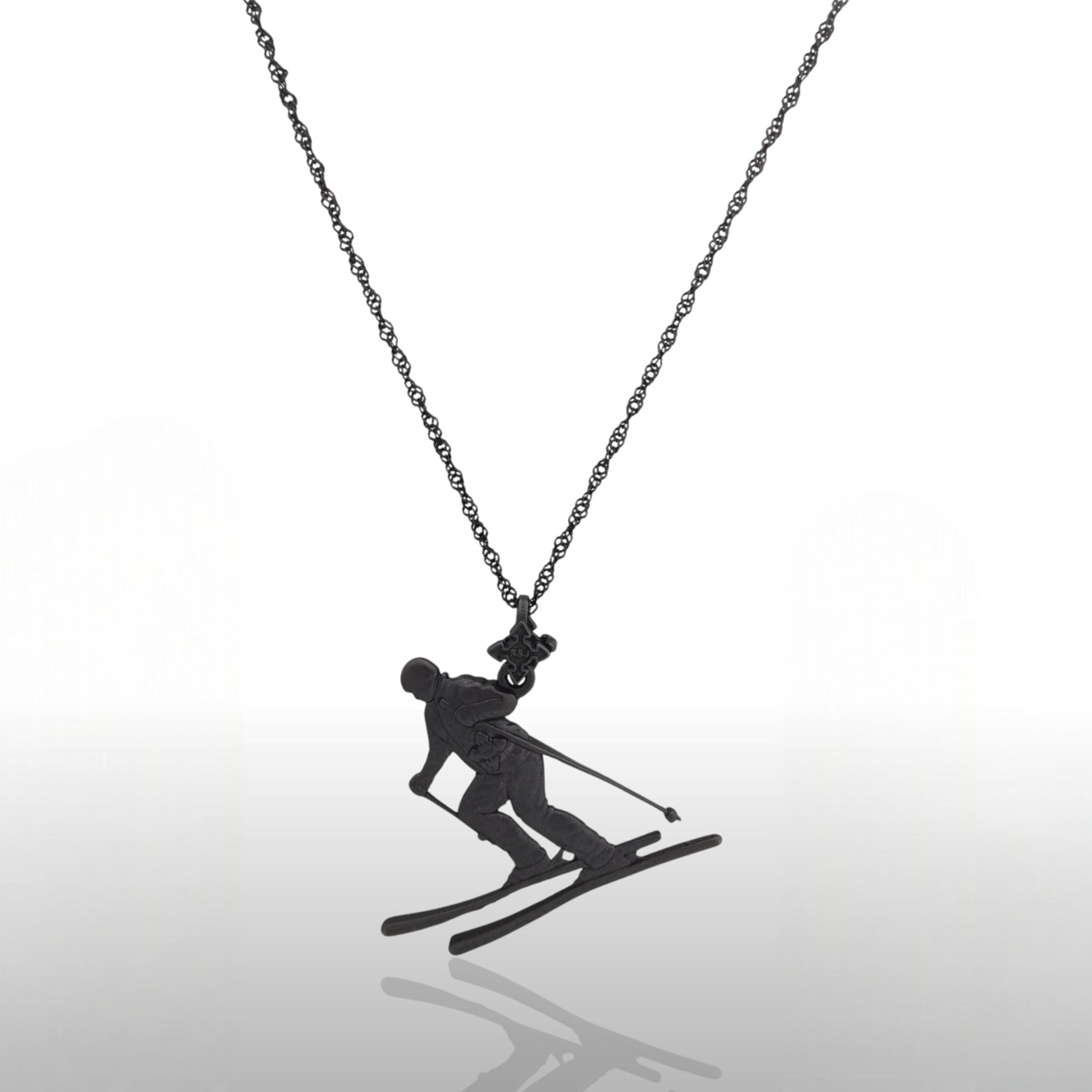 Skiing Jewelry Pendant for Women & Men – Oxidized Black 925 Silver Sports Charm – Handcrafted Freestyle and Slalom Accessory – Necklace