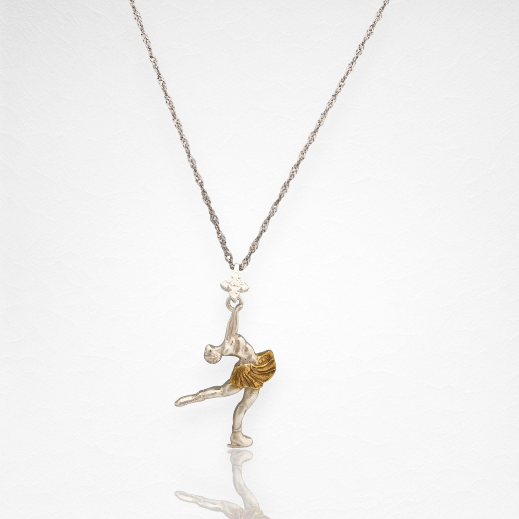 Figure Skating Jewelry Pendant for Women – 925 Silver with Partial Gold Plating – Handcrafted Sport Charm for Ladies on Ice – Necklace