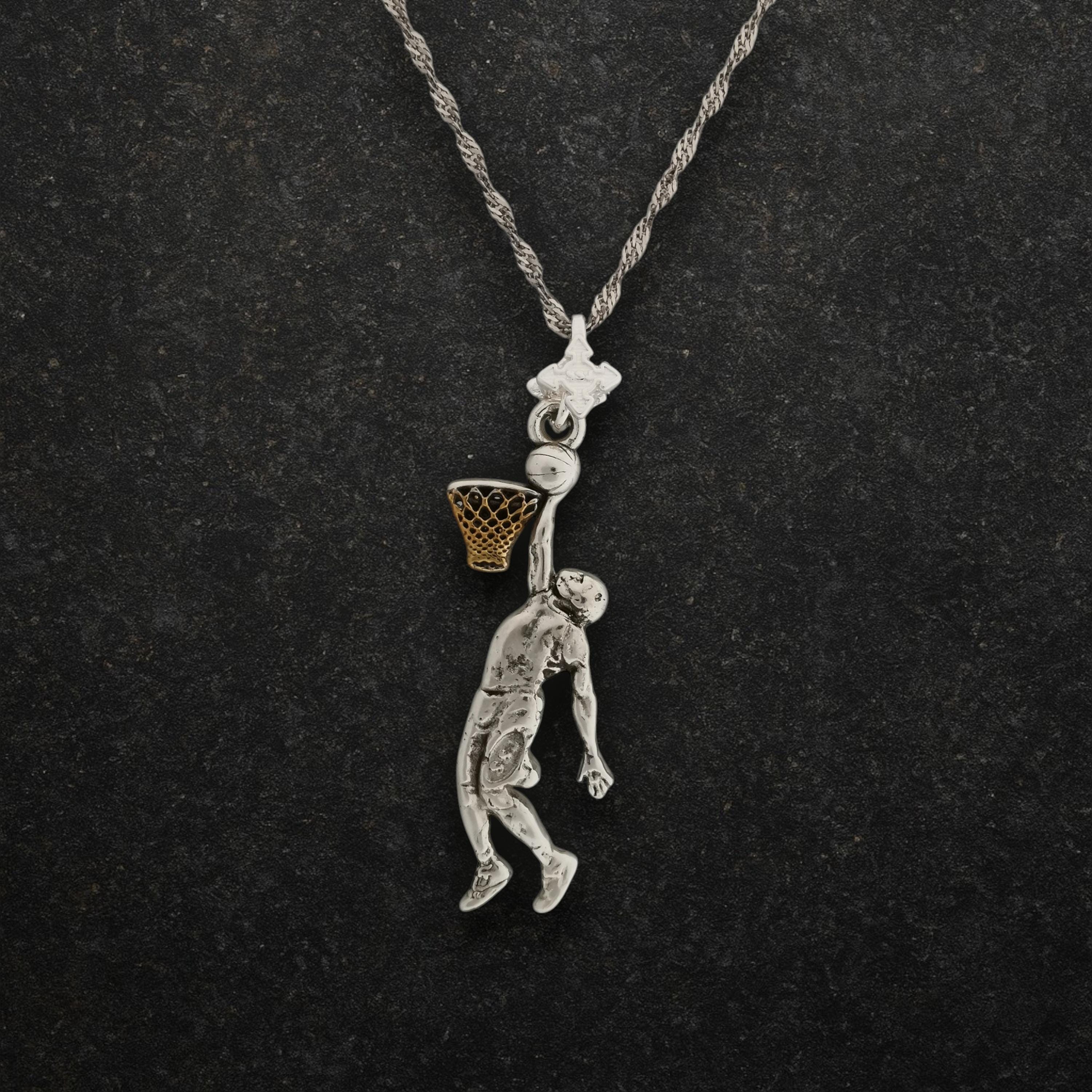 Basketball Dunk Pendant for Men – 925 Silver with Partial Gold Plating Jewelry Gift for Players, Coaches & Fans – Sports Necklace