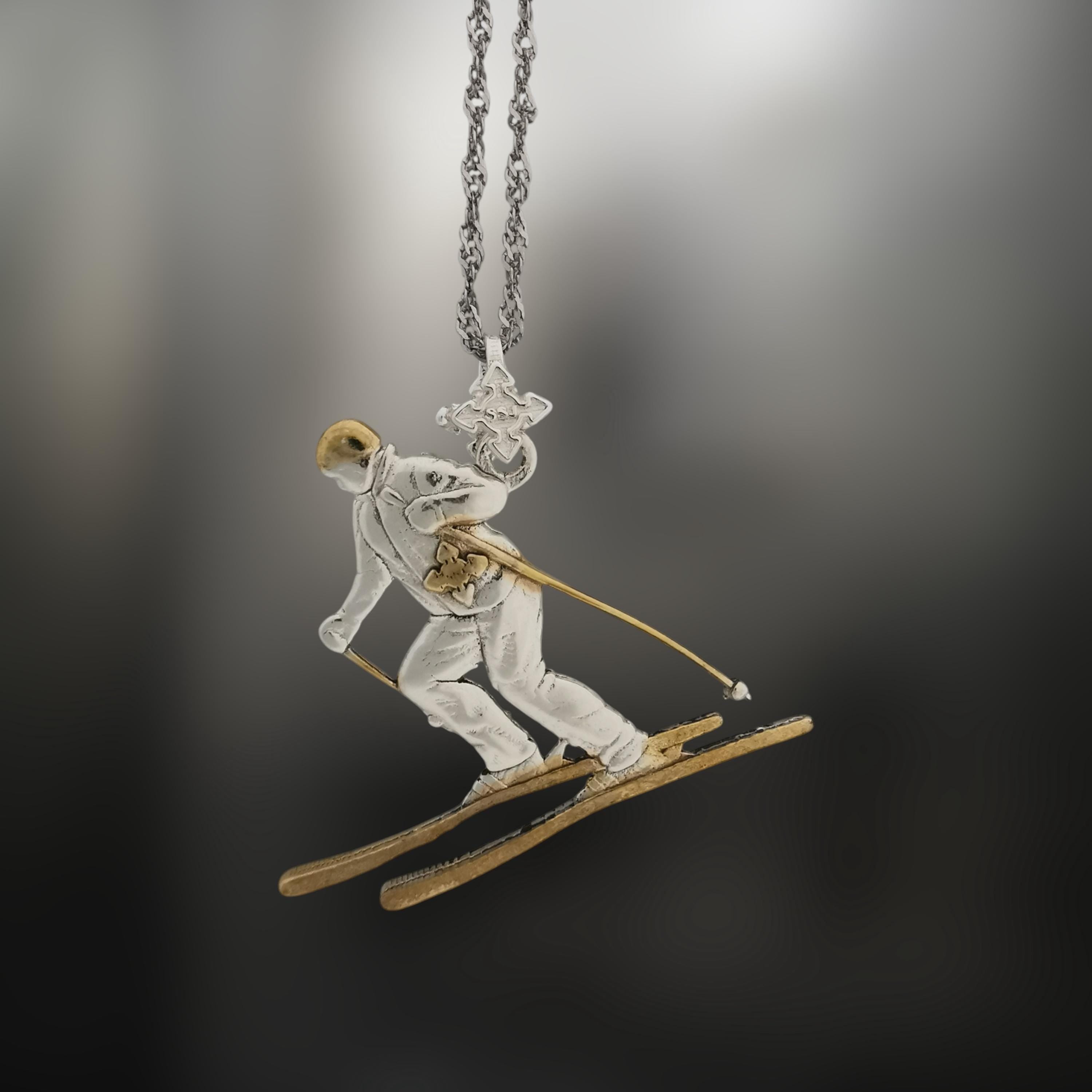 Skiing Jewelry Pendant for Women & Men – 925 Silver with Partial Gold Plating – Handcrafted Sports Charm for Slalom and Freestyle – Necklace