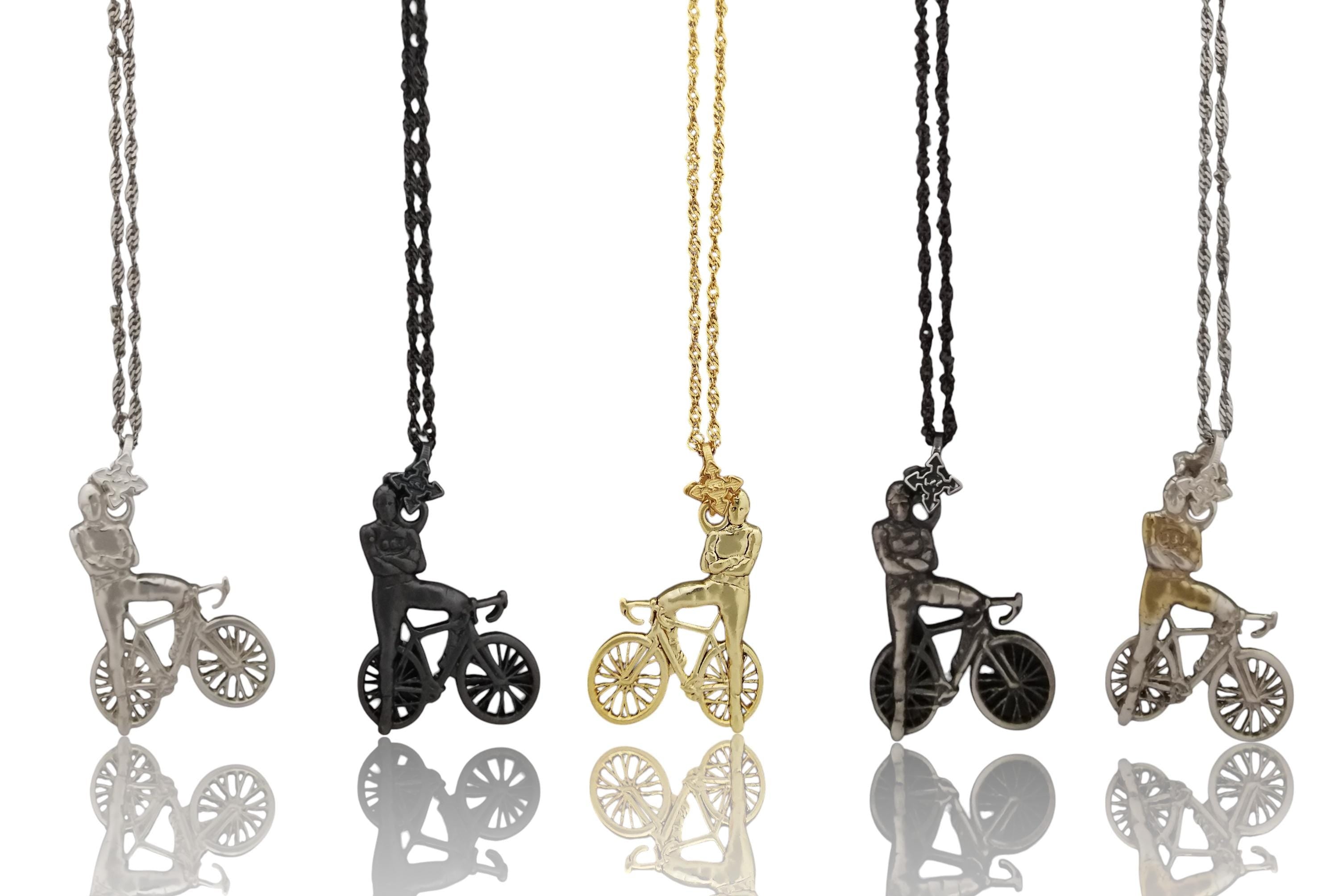 Cycling Jewelry Pendant for Men – Oxidized Black 925 Silver Gift – Sports Accessory for Urban Cyclists and Strong-Willed Riders – Necklace