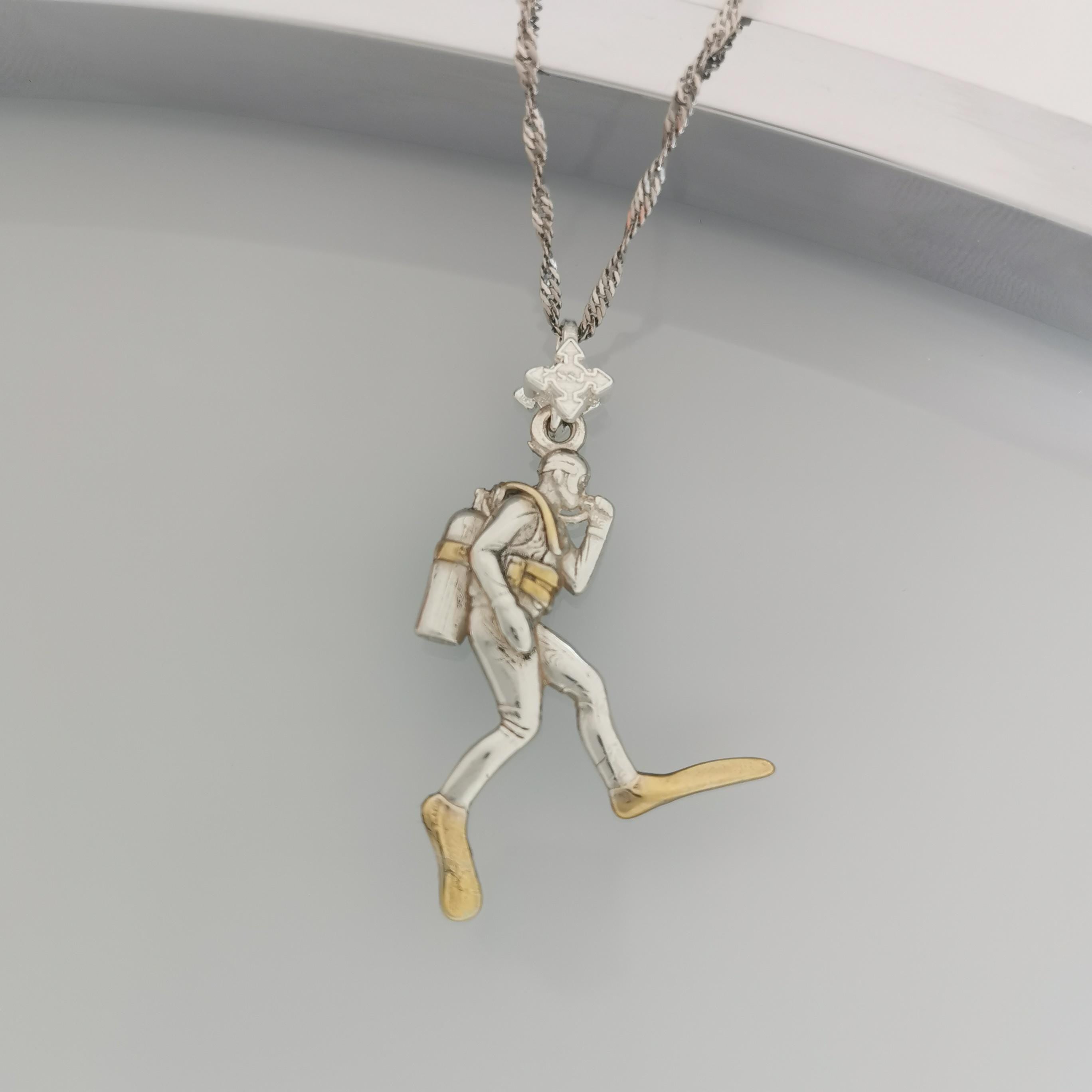 Scuba Diving Jewelry Pendant for Men & Women – 925 Silver with Partial Gold Plating Gift – Handcrafted Diver Charm for Ocean Lovers Necklace