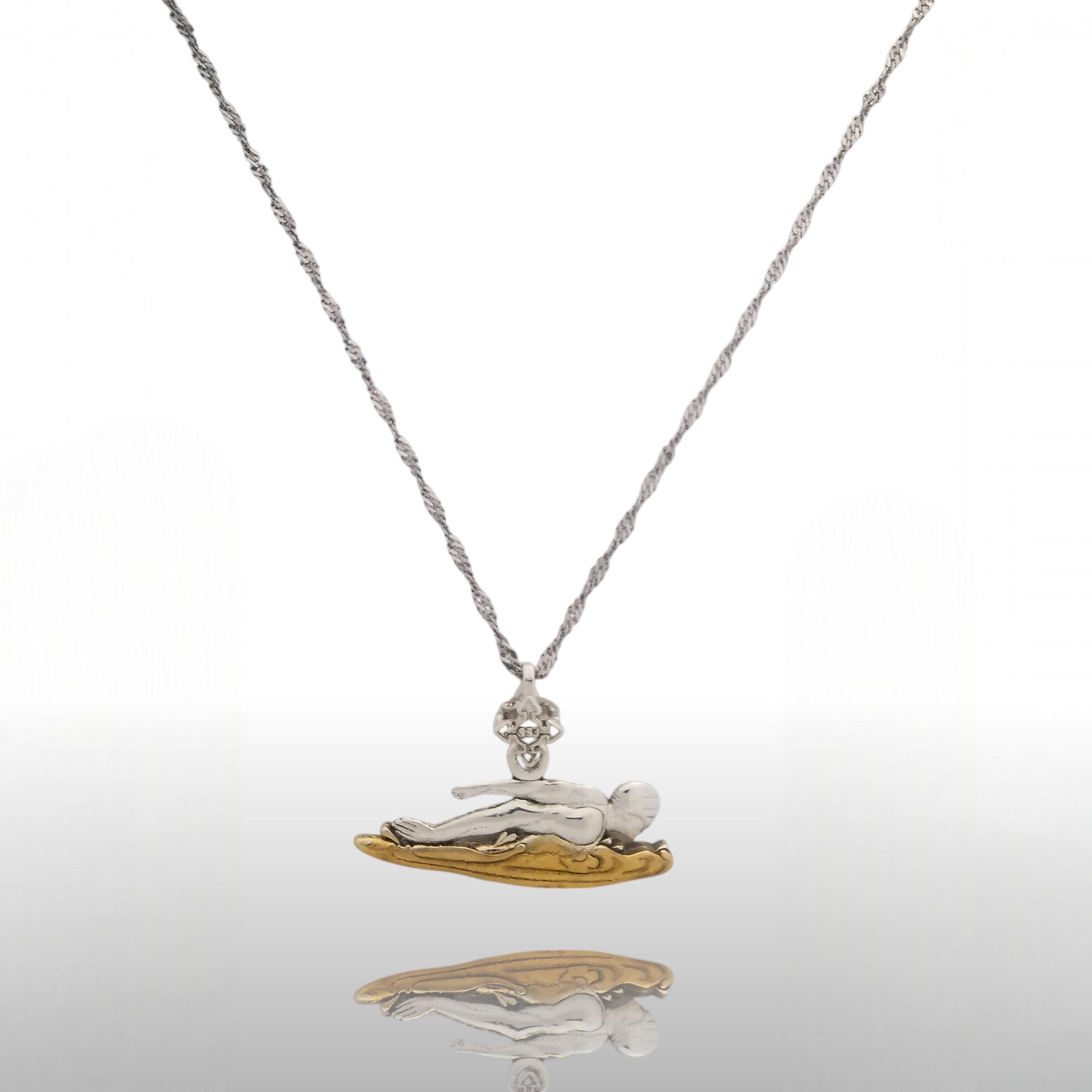 Swimming Jewelry Pendant for Men – Silver with Gold Detail 925 Gift – Sports Accessory for Freestyle Swimmers and Teen Boys – Necklace