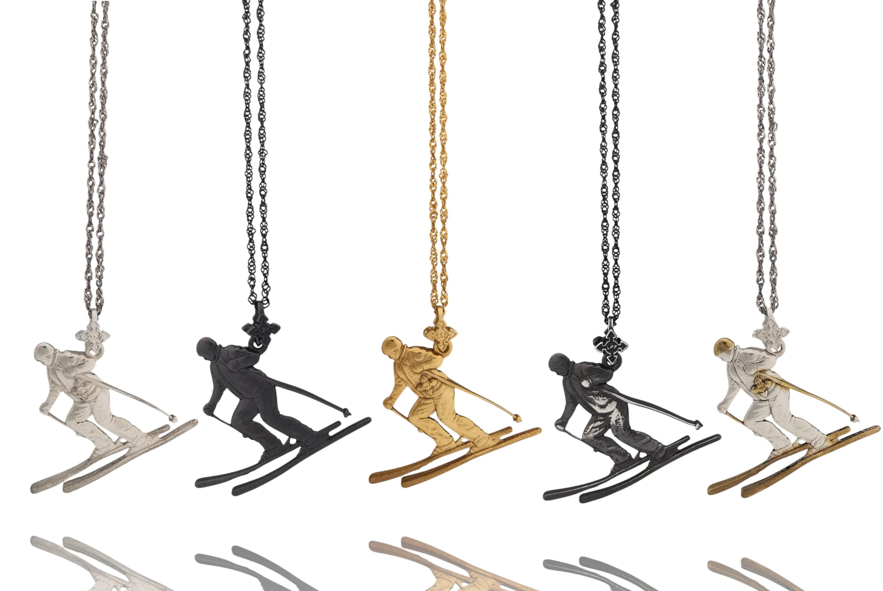 Skiing Jewelry Pendant for Women & Men – 925 Silver with Partial Gold Plating – Handcrafted Sports Charm for Slalom and Freestyle – Necklace