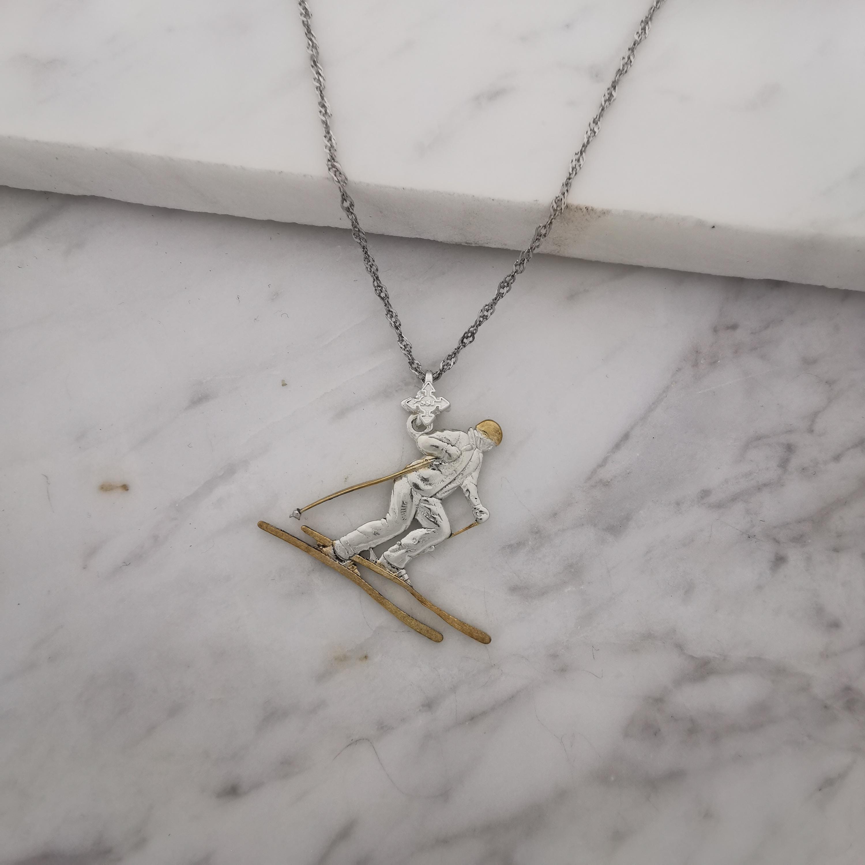 Skiing Jewelry Pendant for Women & Men – 925 Silver with Partial Gold Plating – Handcrafted Sports Charm for Slalom and Freestyle – Necklace