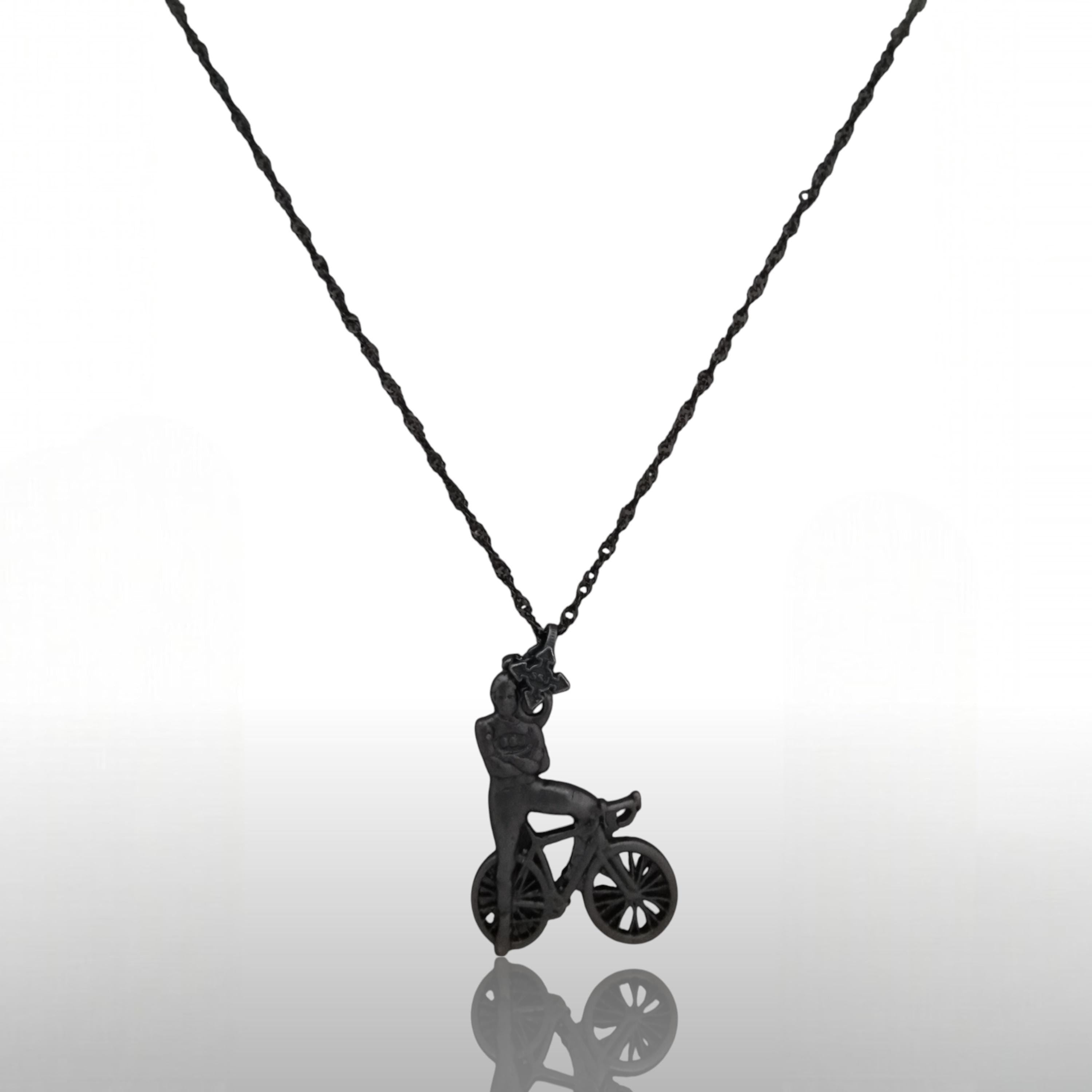 Cycling Jewelry Pendant for Men – Oxidized Black 925 Silver Gift – Sports Accessory for Urban Cyclists and Strong-Willed Riders – Necklace