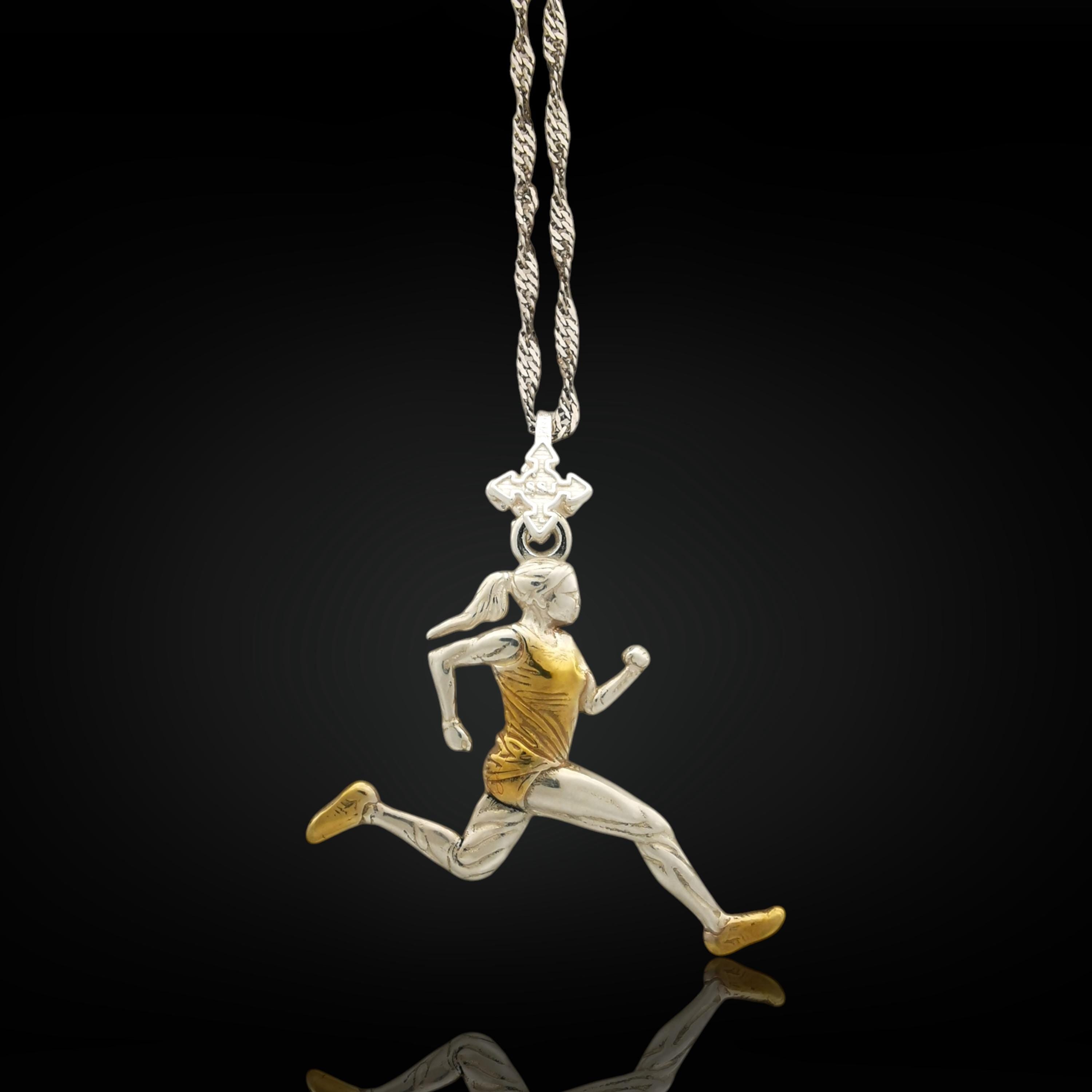 Running Woman Sports Jewelry for Female Athletes – 925 Silver Pendant with Partial Gold Plating – Gift for Runners, Sprinters & Track Stars