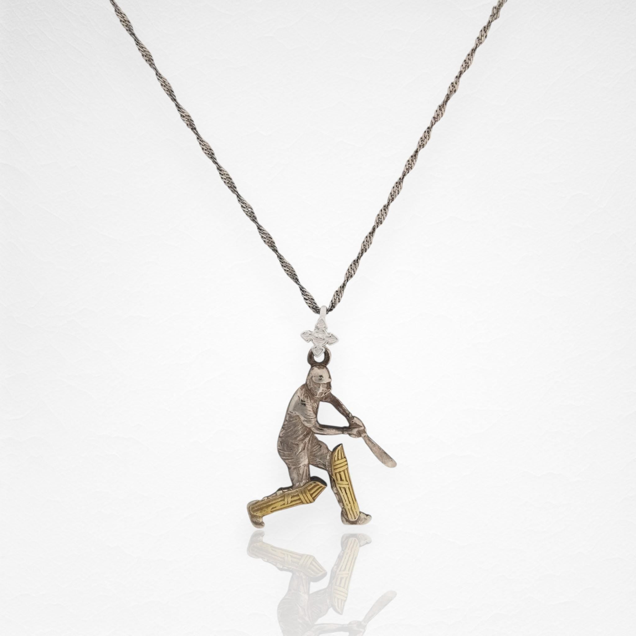 Cricket Jewelry Pendant for Men – Silver with Partial Gold Plating 925 Gift – Elegant Sports Accessory for Cricketers and Players – Necklace