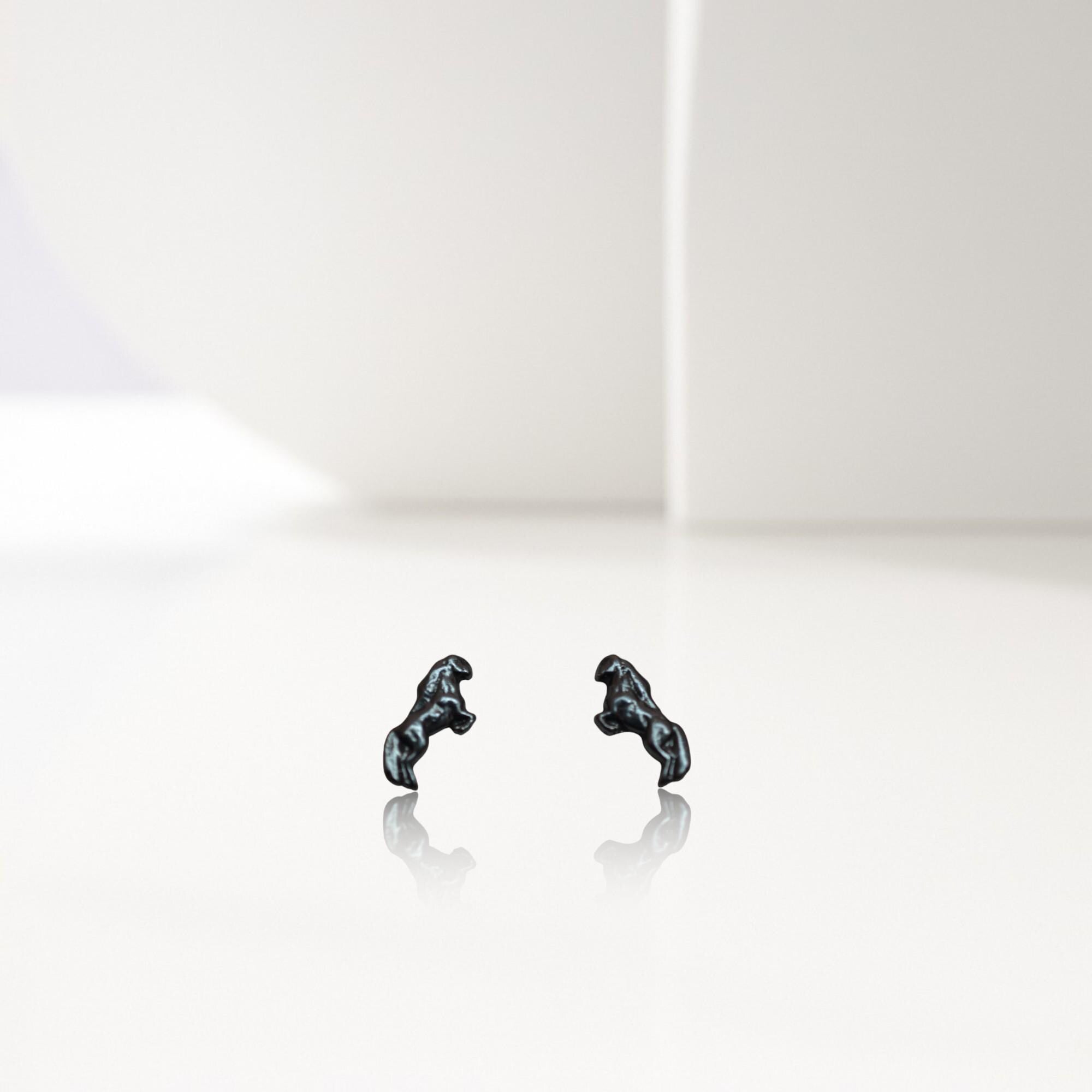 Minimalist Horse Stud Earrings – Oxidized 925 Sterling Silver Equestrian Jewelry – Gift for Rider, Athlete, or Trainer. Black Small Horse