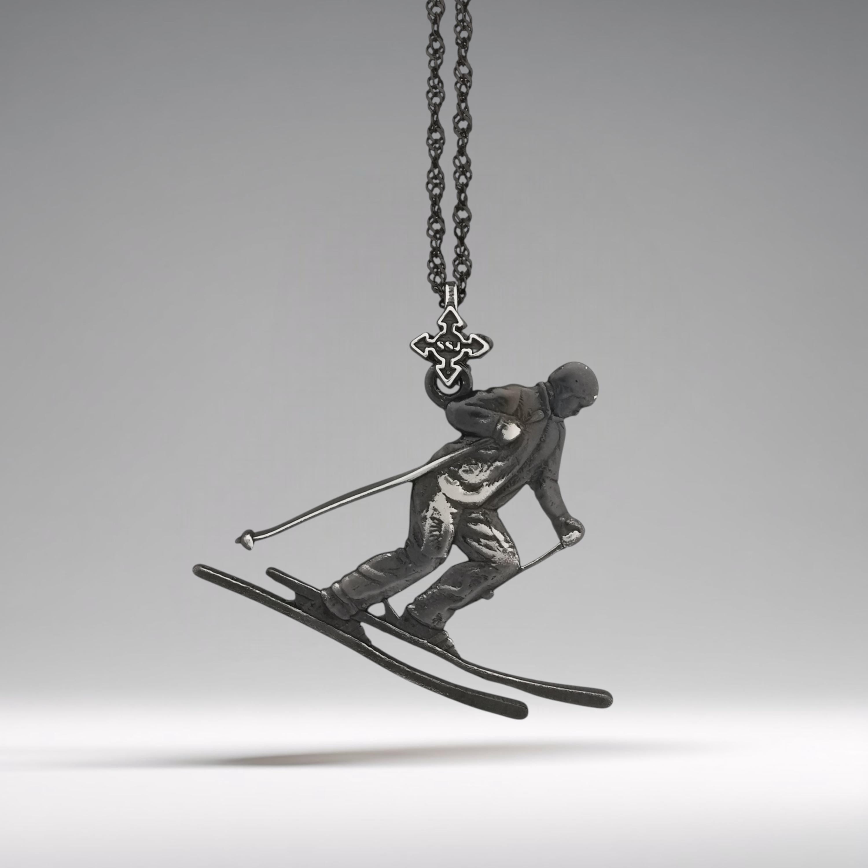 Skiing Jewelry Pendant for Women & Men – Vintage Style 925 Silver Sports Charm – Handcrafted Slalom and Freestyle Accessory – Necklace