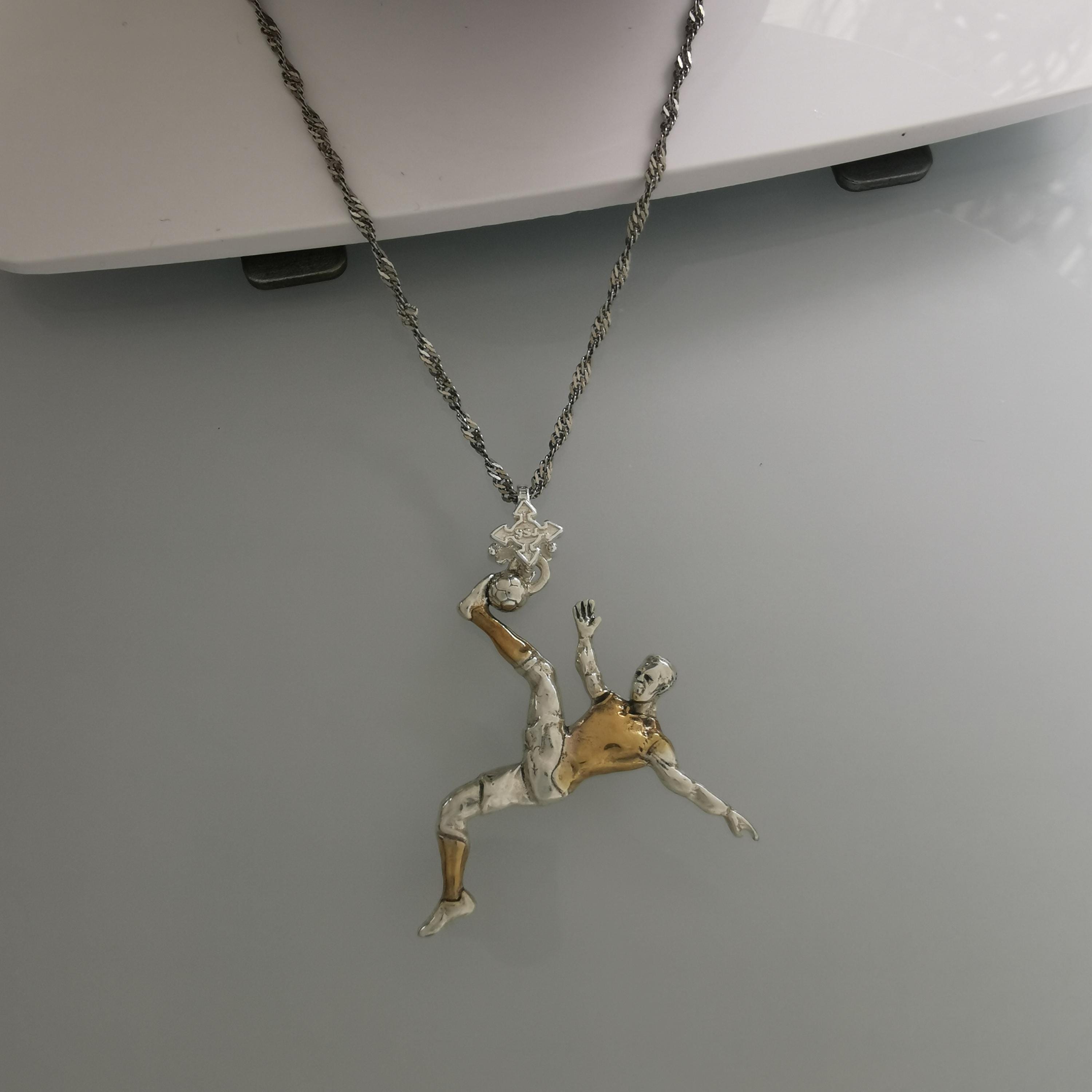 Football (Soccer) Pendant for Men – 925 Silver with Partial Gold Plating Jewelry Gift – Handcrafted Sports Charm for Players, Necklace