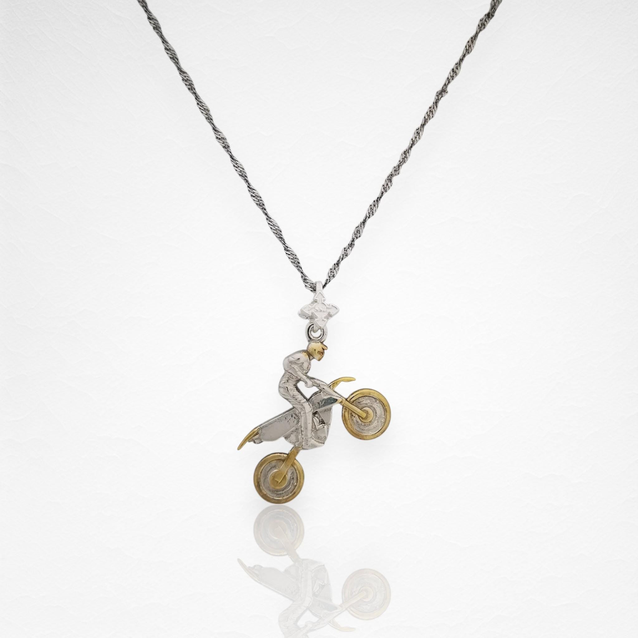 Motocross Jewelry Pendant for Men, 925 Silver Partial Gold Plating, Bold Sports Jewelry Gift for Riders, Racers, and Off-Road Fans Necklace
