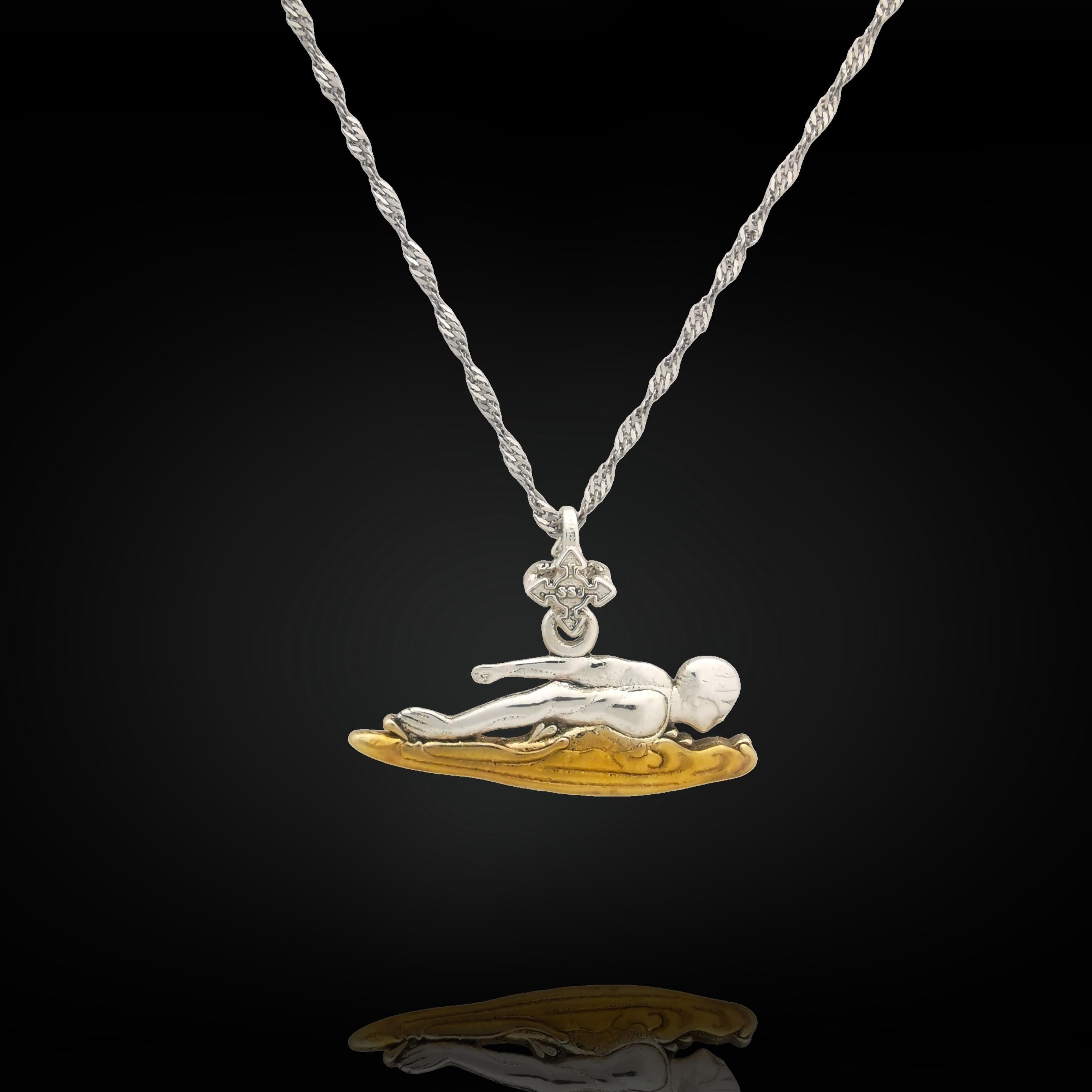 Swimming Jewelry Pendant for Men – Silver with Gold Detail 925 Gift – Sports Accessory for Freestyle Swimmers and Teen Boys – Necklace