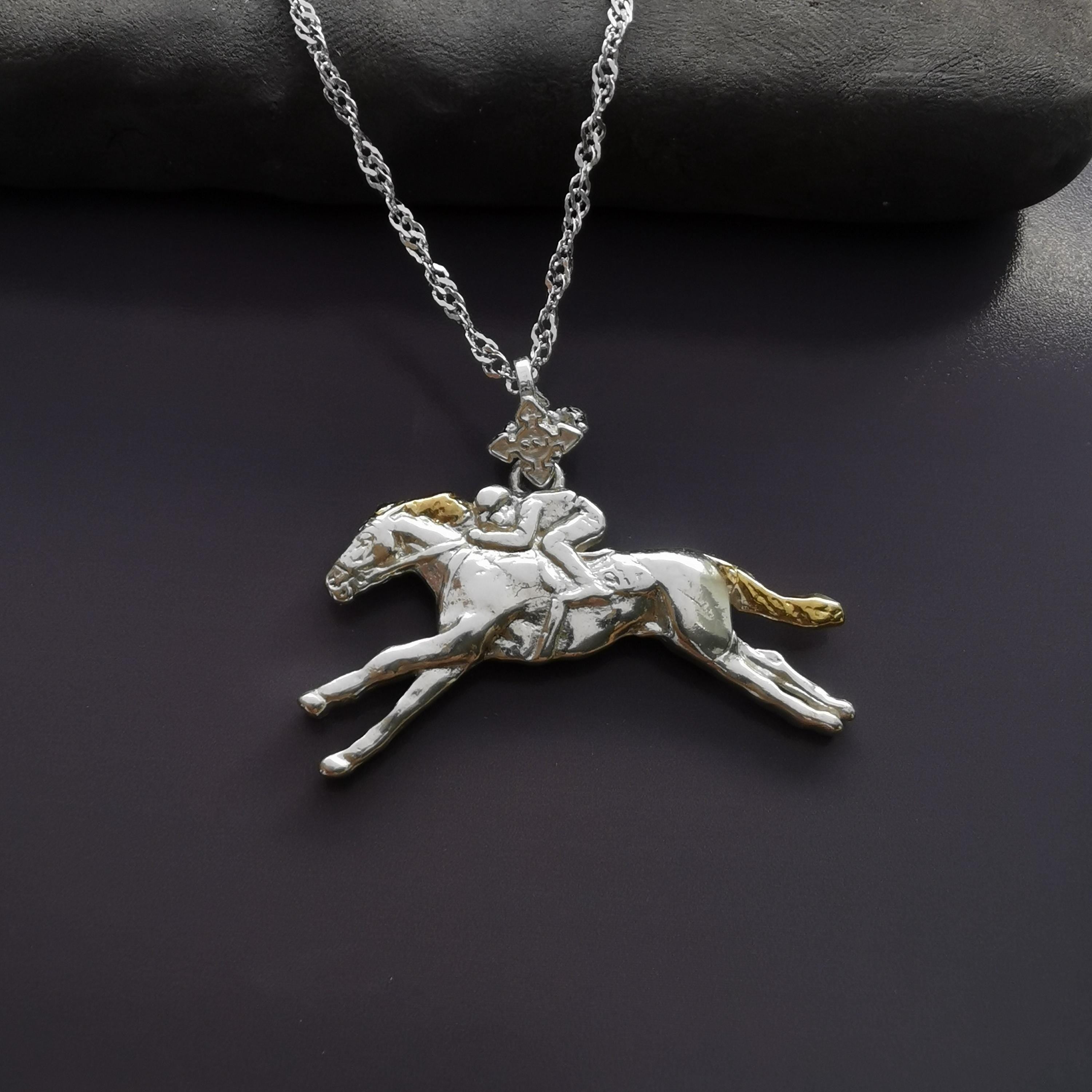 Horse Racing Jewelry Pendant for Men – 925 Silver with Partial Gold Plating – Equestrian Sports Accessory for Riders – Necklace