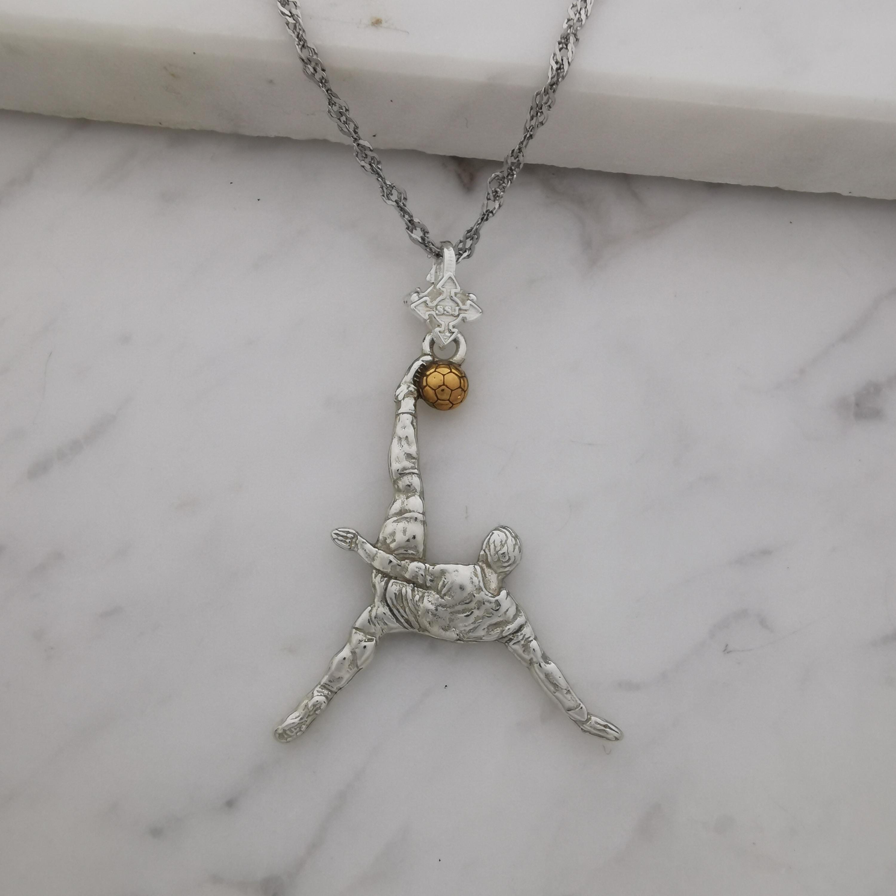 Football (Soccer) Jewelry Pendant for Men – 925 Silver with Partial Gold Plating – Bicycle Kick Sport Charm – Necklace