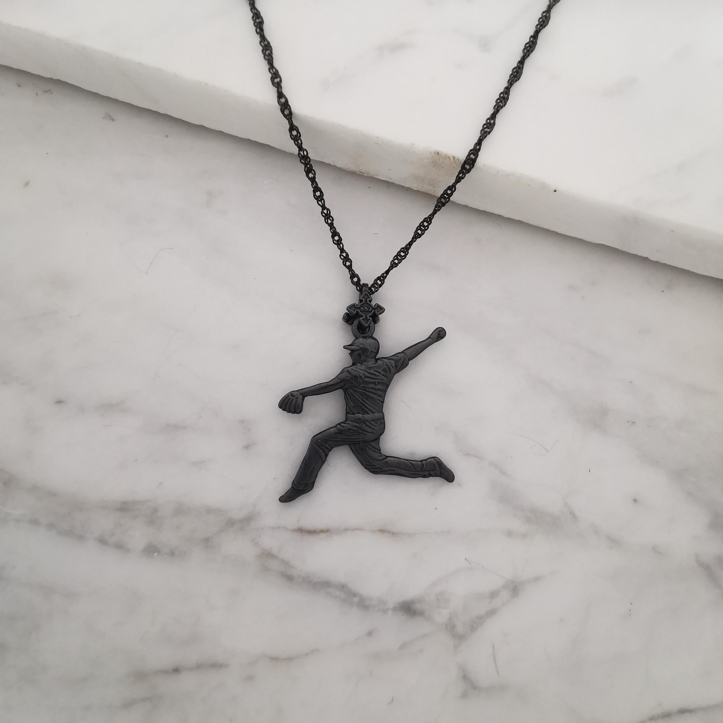 Baseball Jewelry Pendant for Men – Oxidized Black 925 Silver Gift – Handcrafted Sport Charm for Players & Pitchers – Necklace