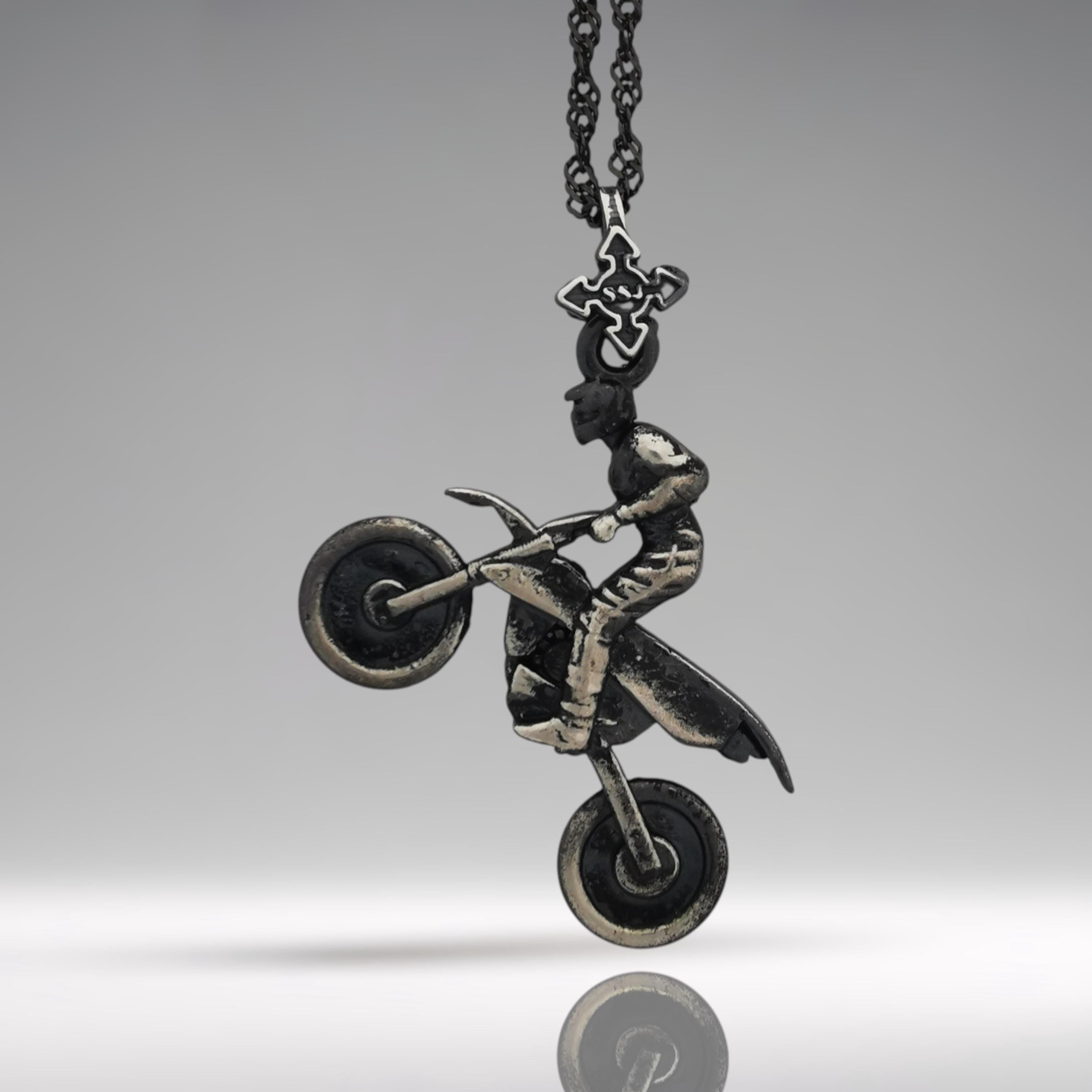Motocross Jewelry Pendant for Men, Vintage Style 925 Silver Sports, Patinated Jewelry Gift for Riders, Racers & Extreme Sport Fans Necklace