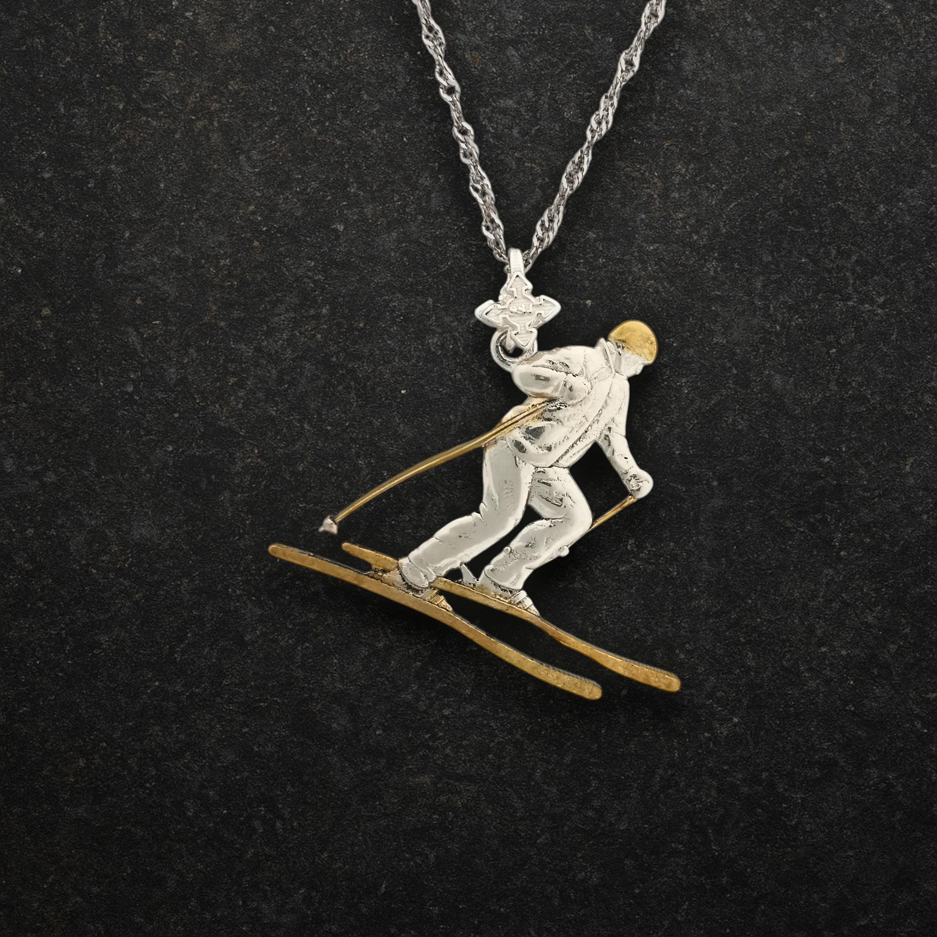 Skiing Jewelry Pendant for Women & Men – 925 Silver with Partial Gold Plating – Handcrafted Sports Charm for Slalom and Freestyle – Necklace