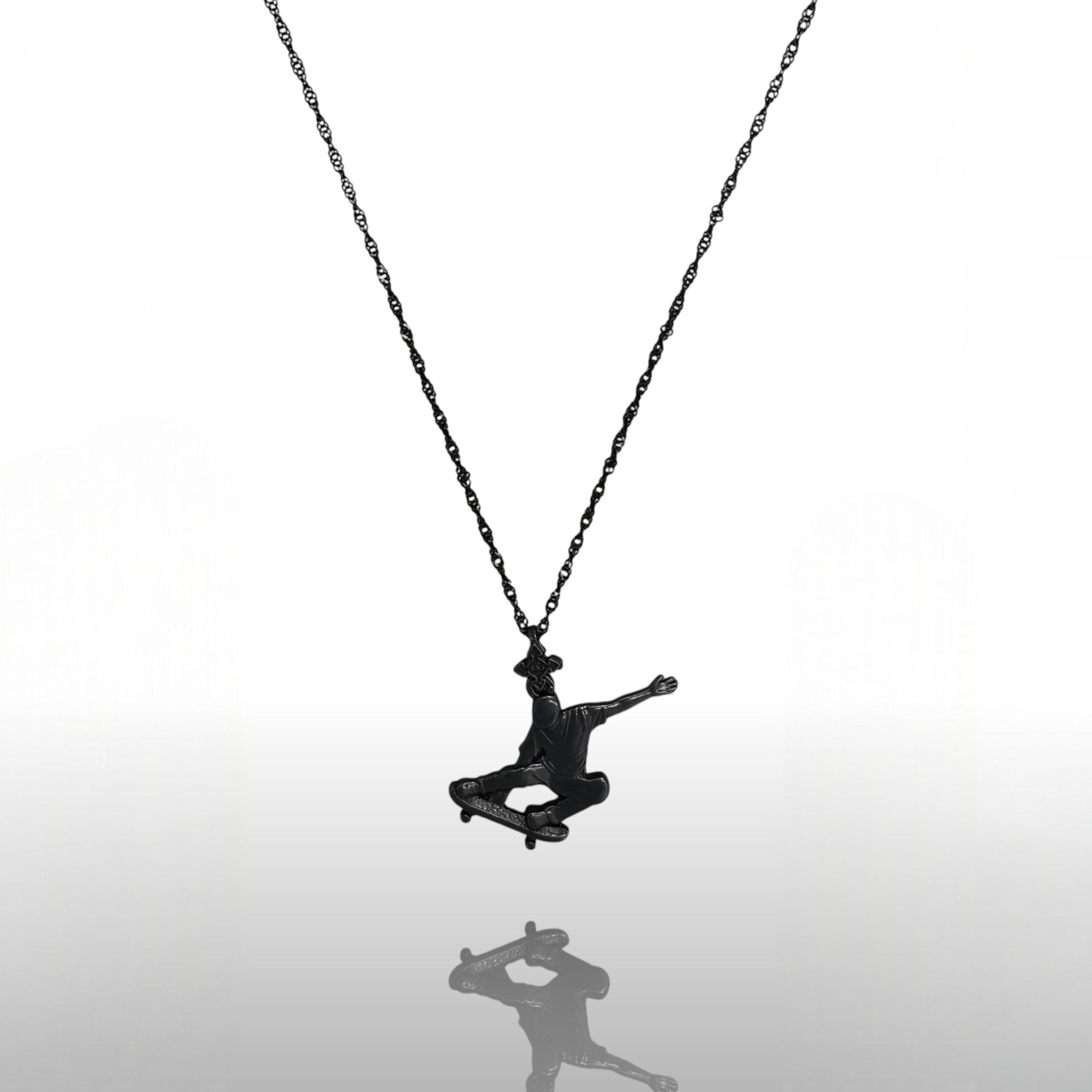 Skateboard Jewelry Pendant for Men – Oxidized Black 925 Silver Gift – Streetwear Sports Accessory for Skaters – Necklace