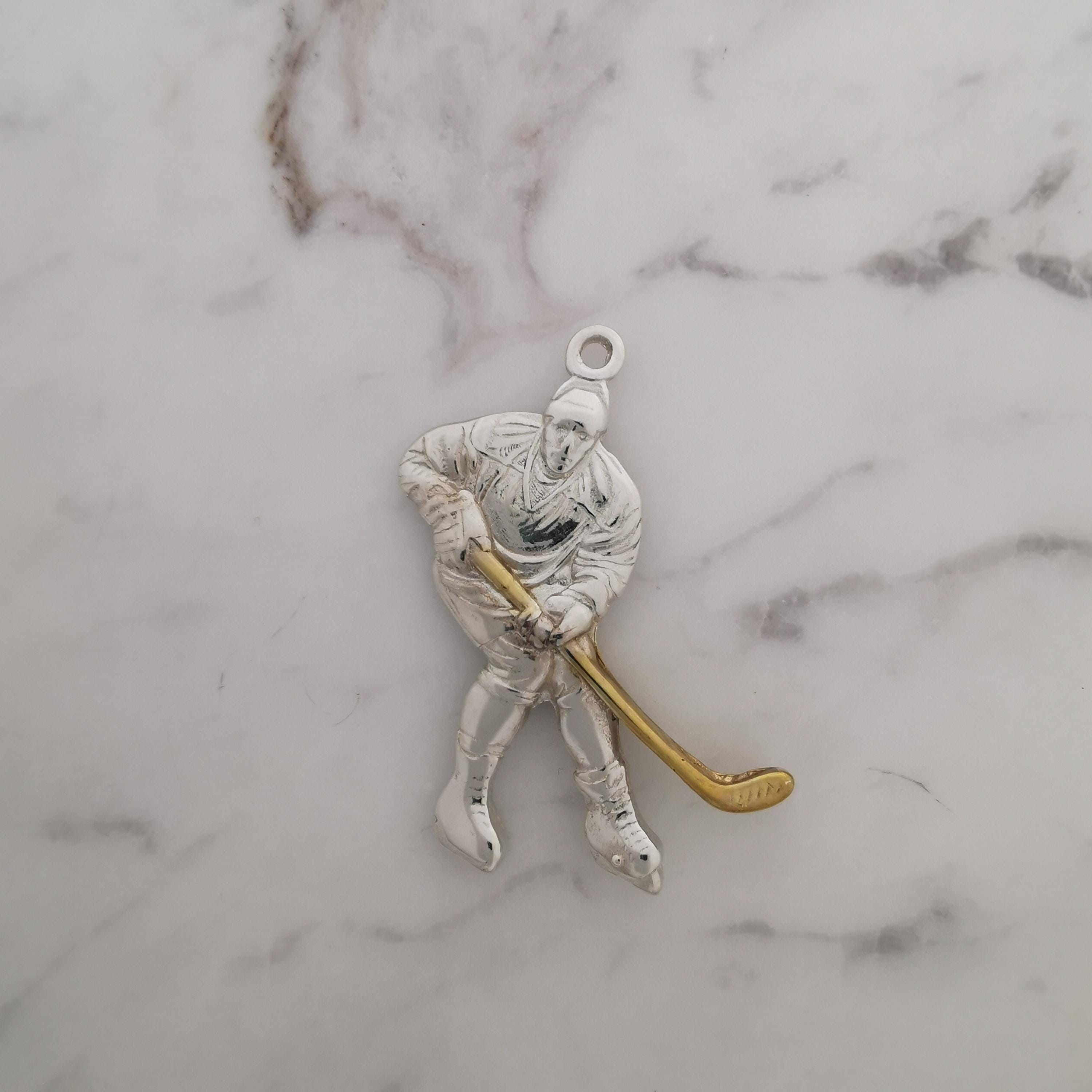 Ice Hockey Jewelry Pendant for Men – 925 Silver with Partial Gold Plating – Handcrafted Sport Charm for Players – Necklace