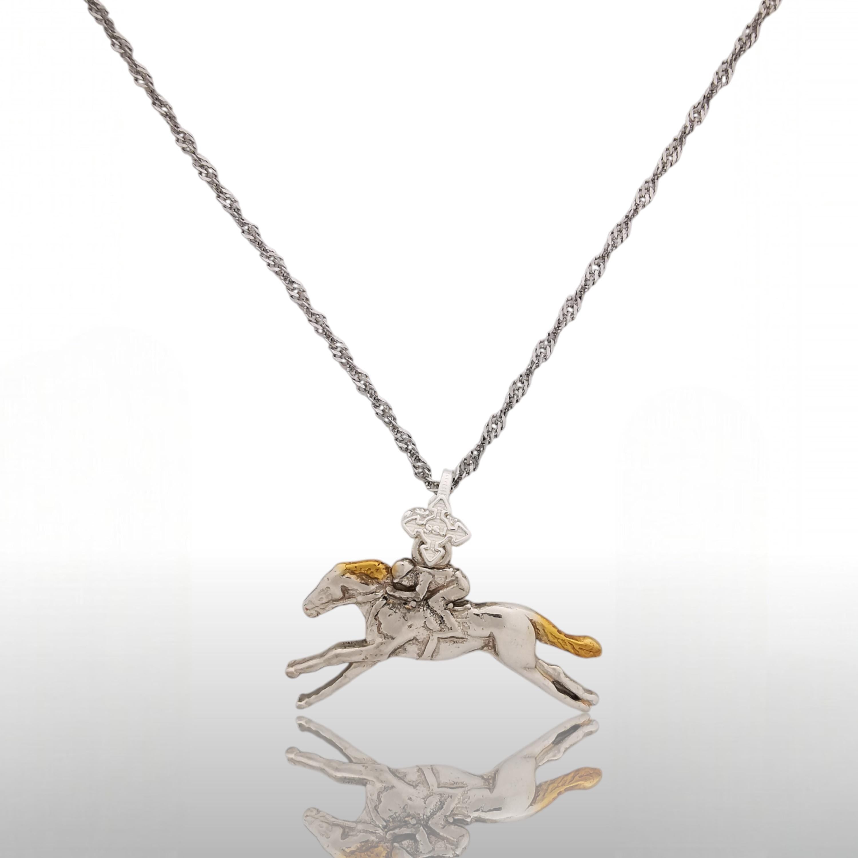 Horse Racing Jewelry Pendant for Men – 925 Silver with Partial Gold Plating – Equestrian Sports Accessory for Riders – Necklace