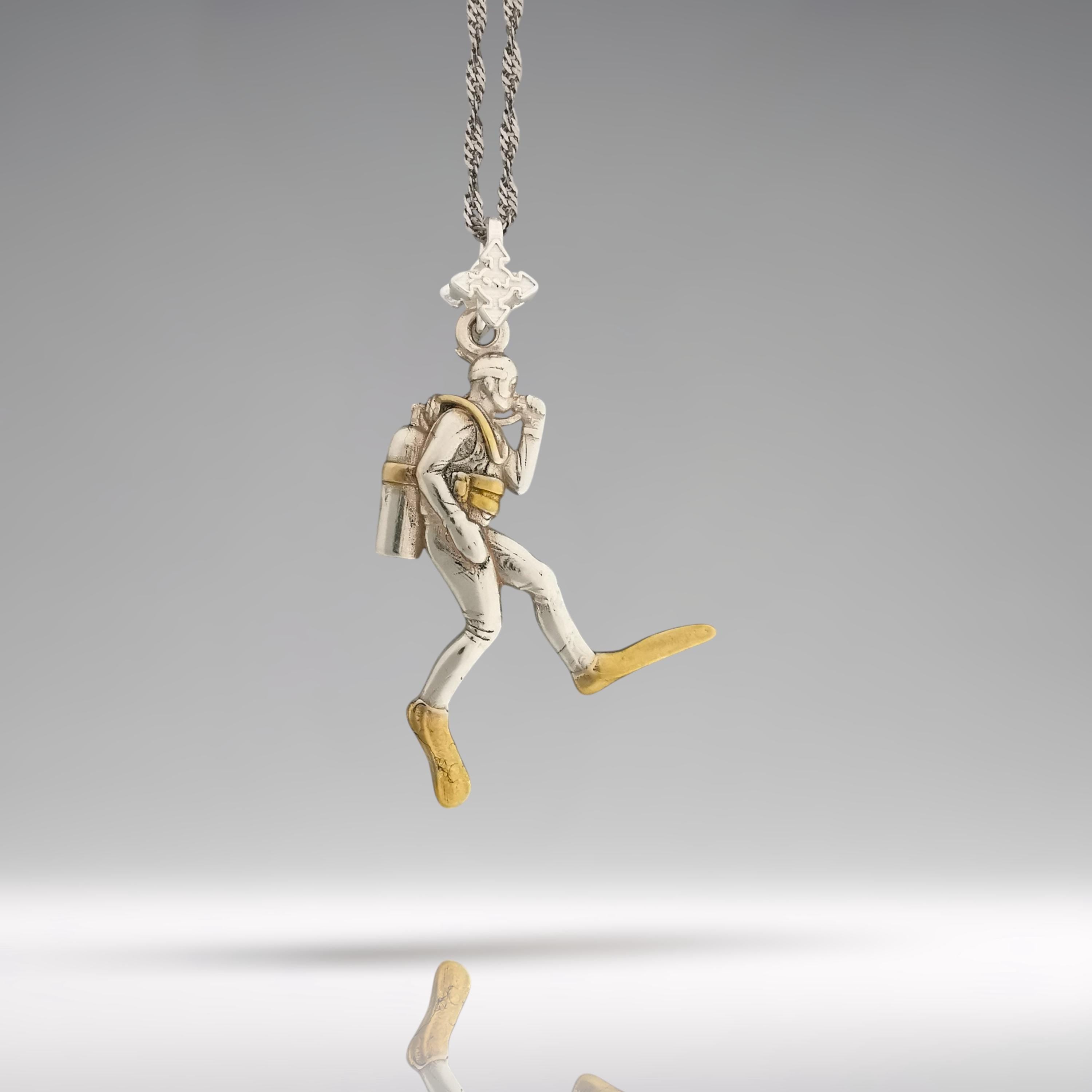 Scuba Diving Jewelry Pendant for Men & Women – 925 Silver with Partial Gold Plating Gift – Handcrafted Diver Charm for Ocean Lovers Necklace