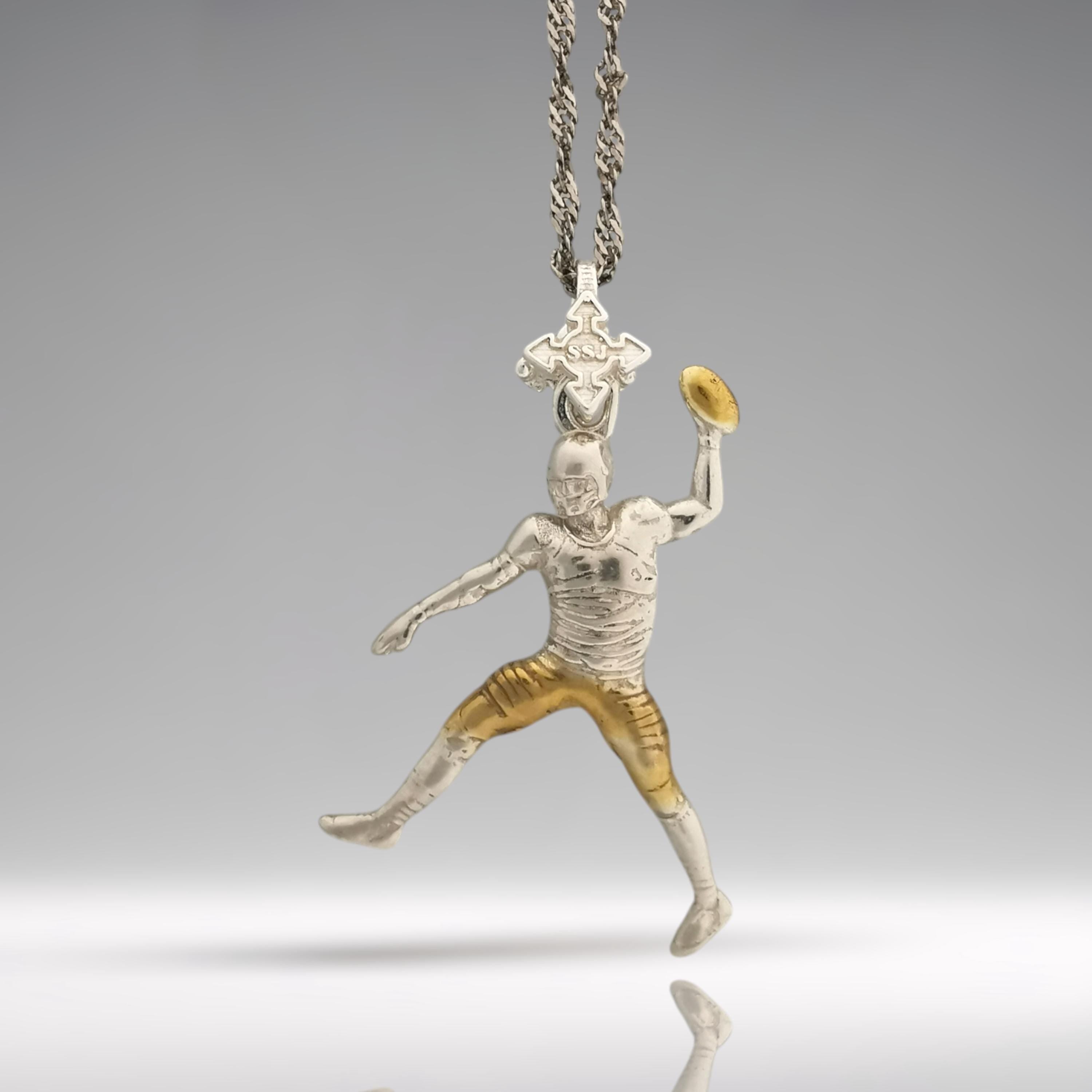 American Football Necklace for Men Two Tone 925 Sterling Silver Pendant with Gold Detail Elegant Vintage Style Gift for Player, Coach or Fan