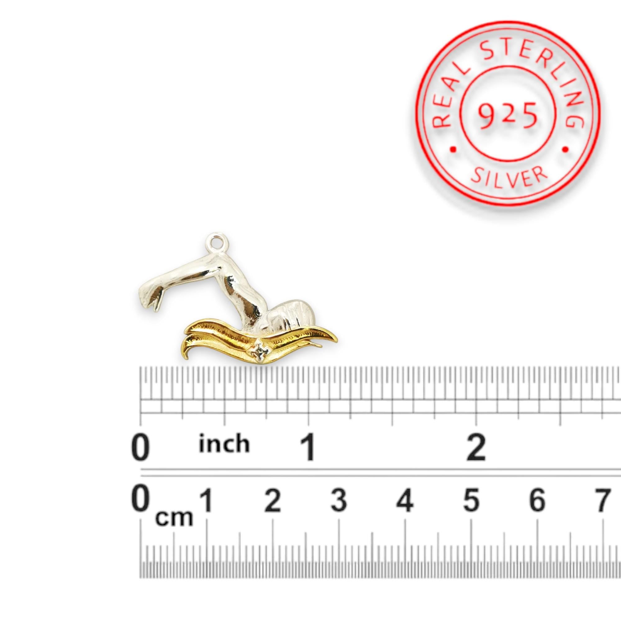 Swimming Jewelry Pendant for Men and Teen Boys – 925 Silver with Gold Detail Gift Sports Accessory for Breaststroke Swimmers Necklace