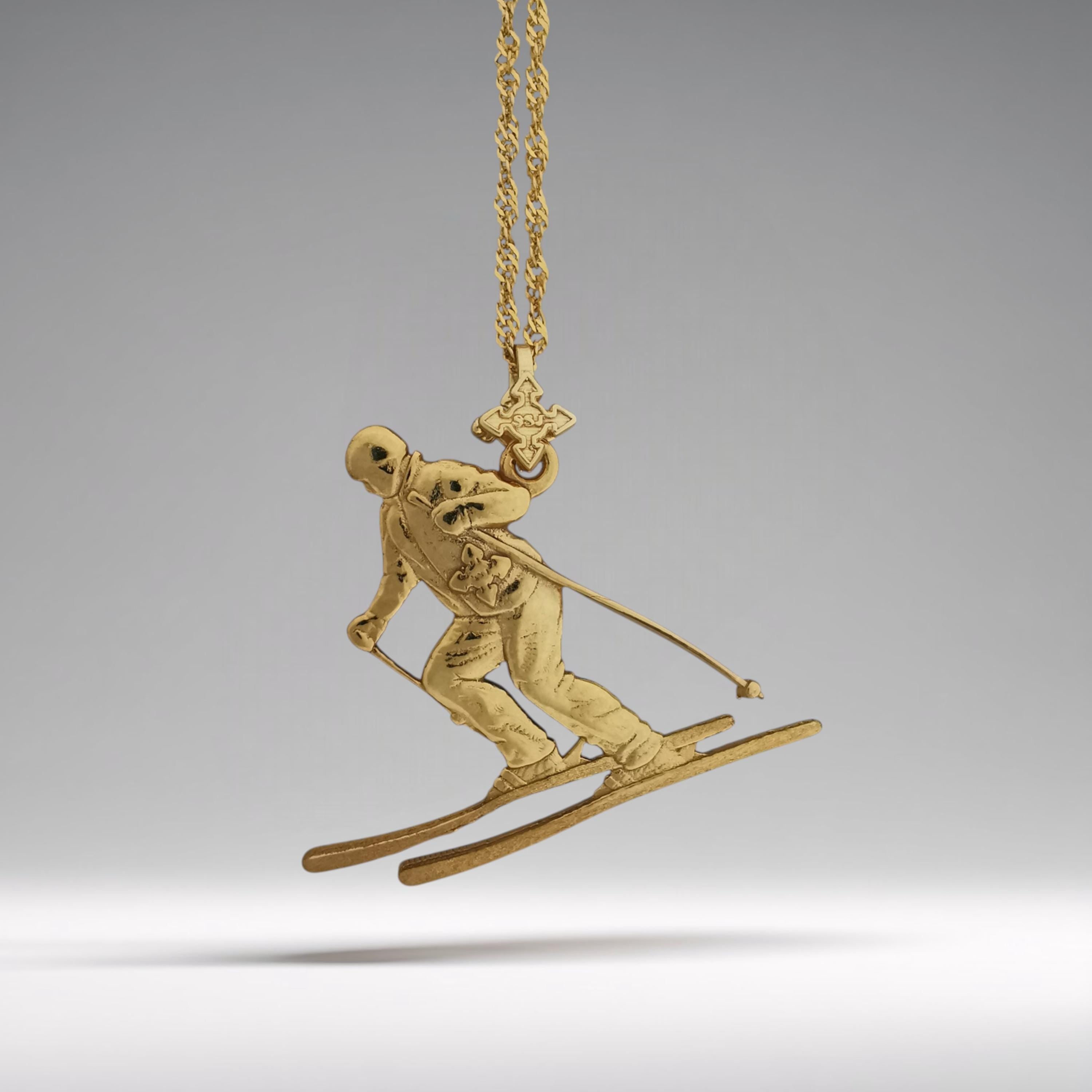 Skiing Jewelry Pendant for Women & Men – Gold-Plated 925 Silver Sports Charm – Handcrafted Slalom and Freestyle Accessory – Necklace