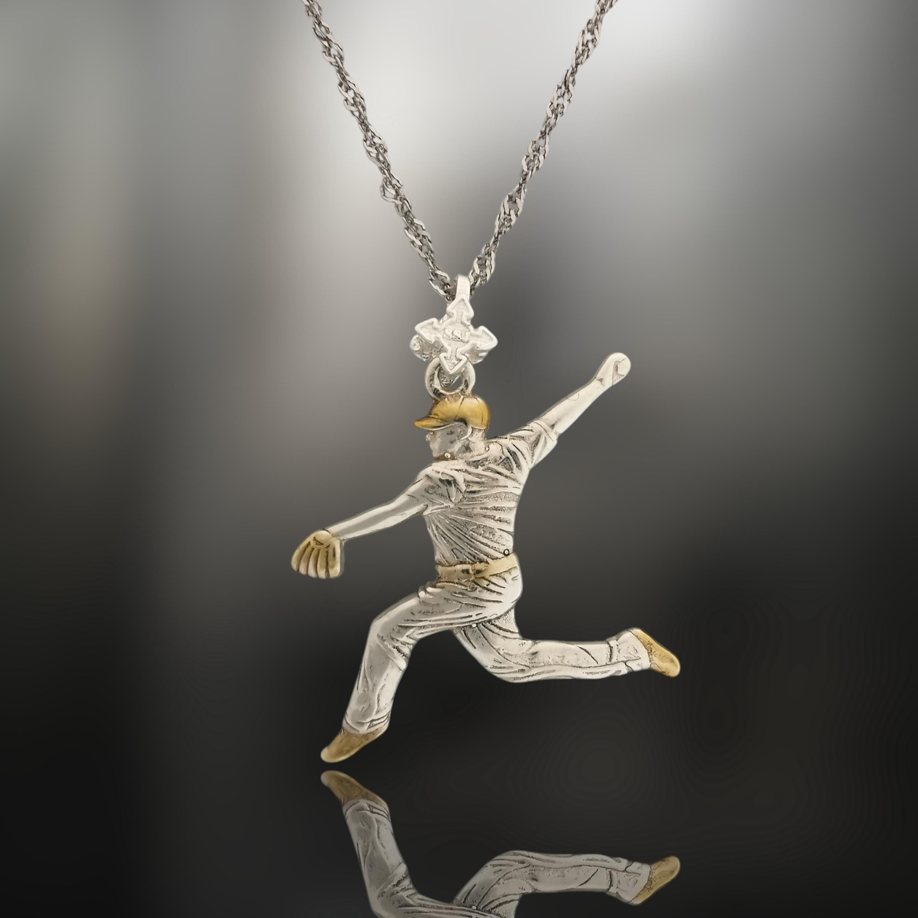 Baseball Jewelry Pendant for Men – 925 Silver with Partial Gold Plating – Handcrafted Sport Charm for Players & Pitchers – Necklace