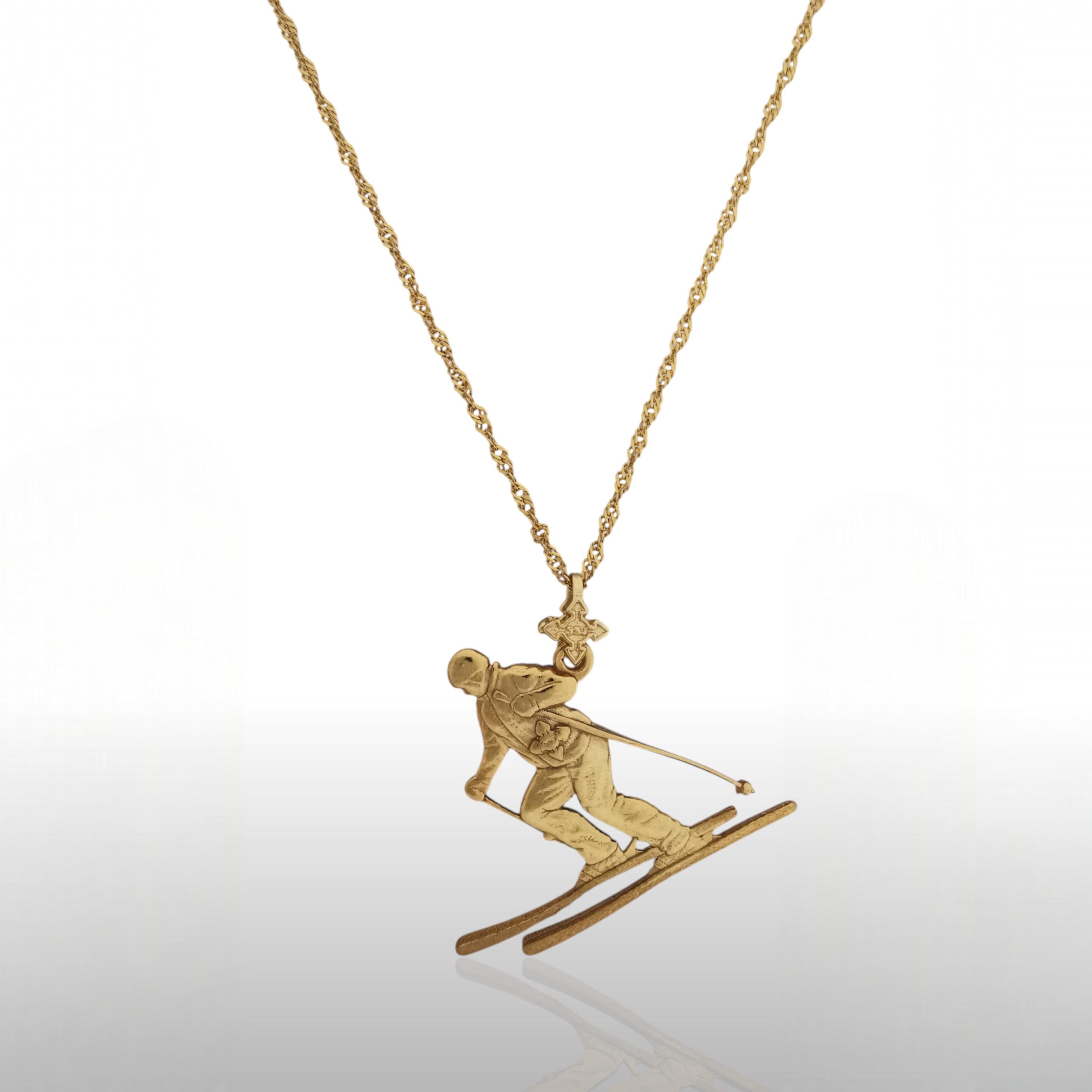 Skiing Jewelry Pendant for Women & Men – Gold-Plated 925 Silver Sports Charm – Handcrafted Slalom and Freestyle Accessory – Necklace