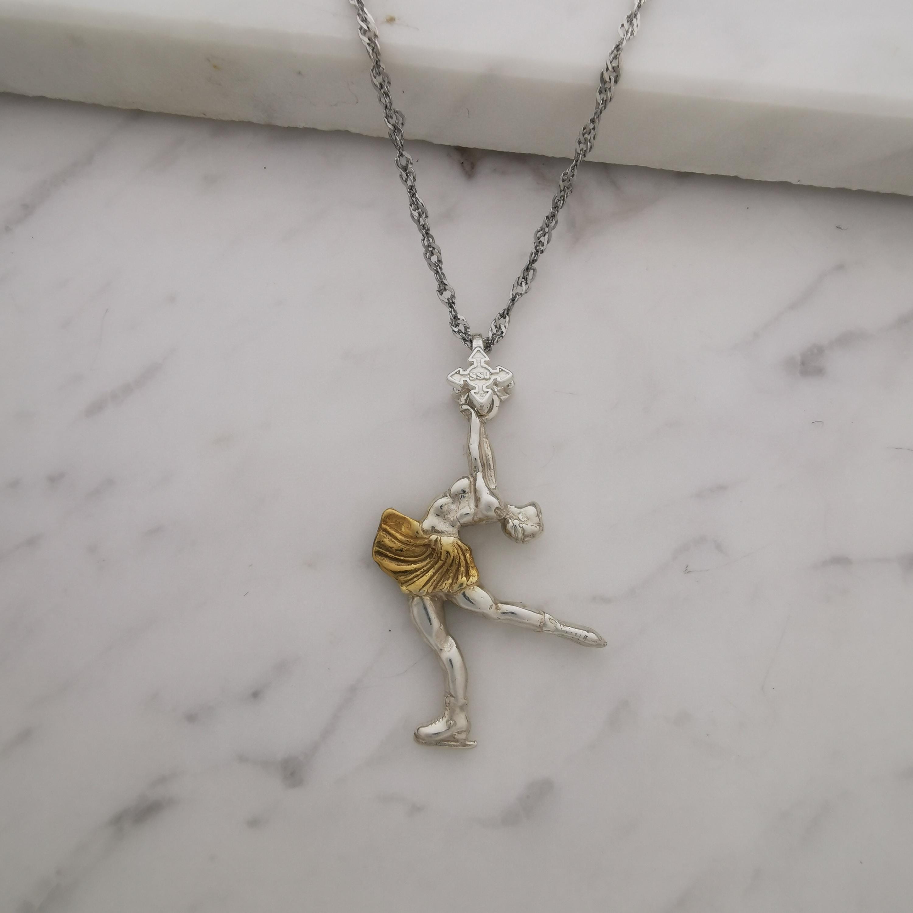 Figure Skating Jewelry Pendant for Women – 925 Silver with Partial Gold Plating – Handcrafted Sport Charm for Ladies on Ice – Necklace