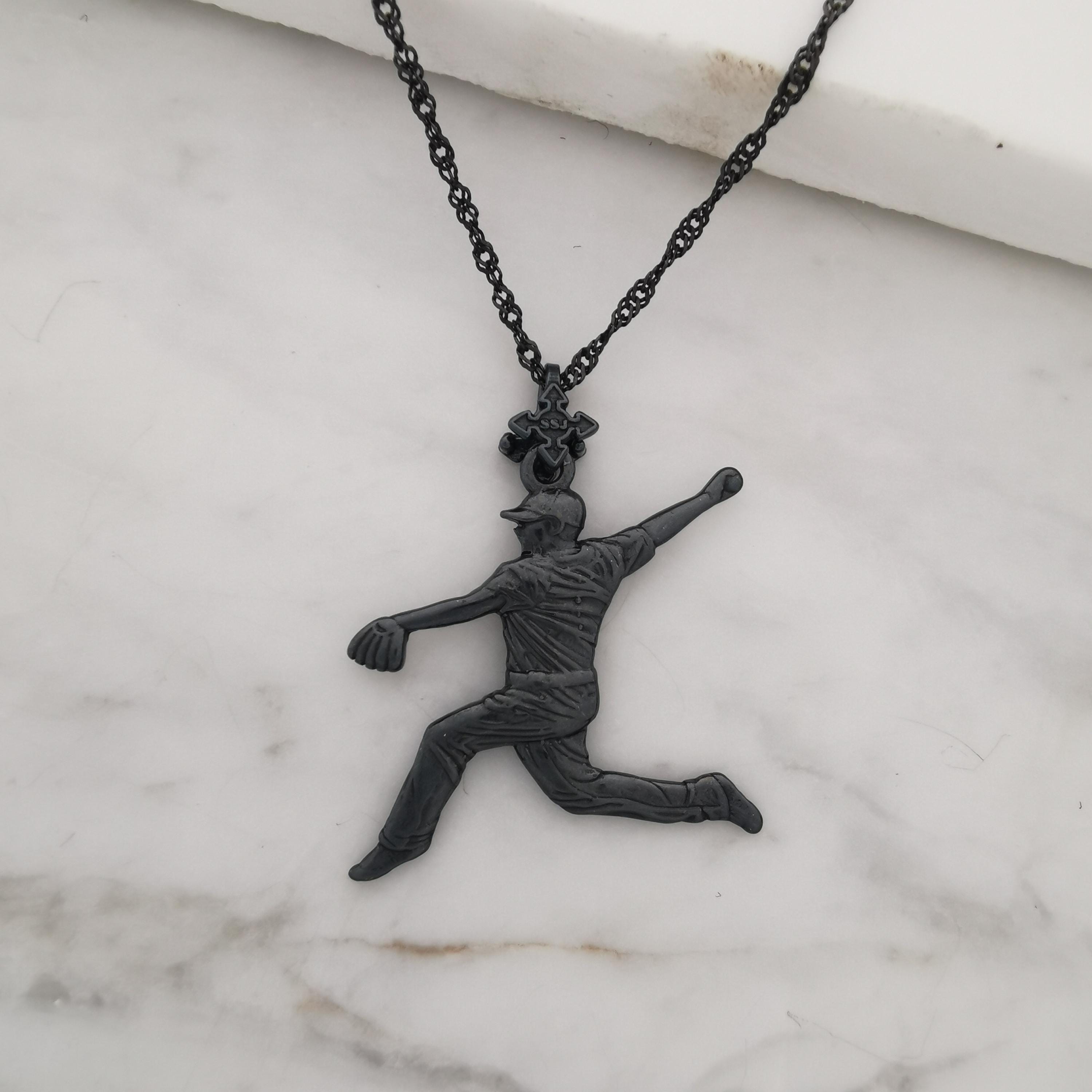 Baseball Jewelry Pendant for Men – Oxidized Black 925 Silver Gift – Handcrafted Sport Charm for Players & Pitchers – Necklace