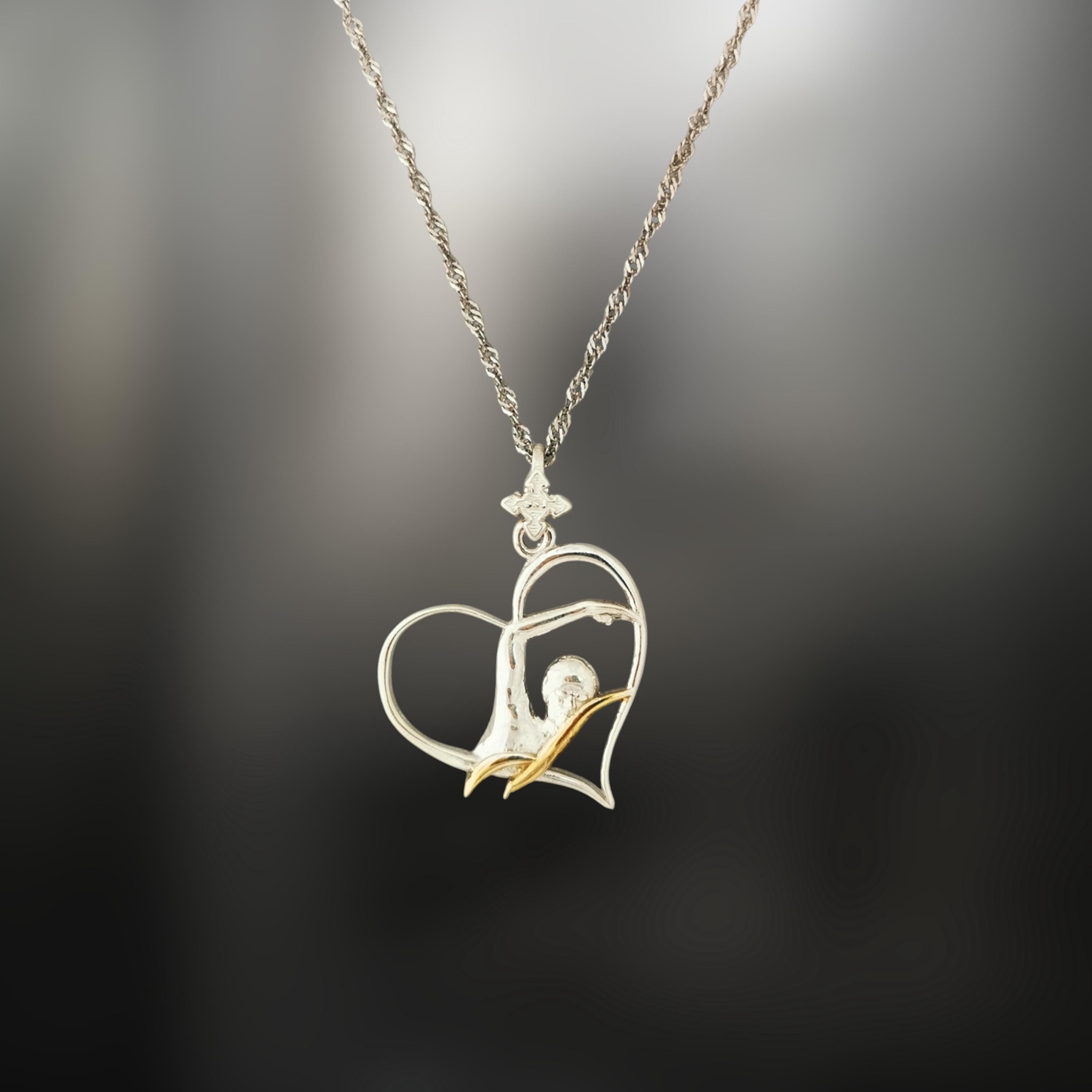 Swimmer Heart Jewelry Pendant for Women – Silver with Partial Gold Plating 925 Gift, Sporty Accessory for Swimmers and Teen Girls – Necklace